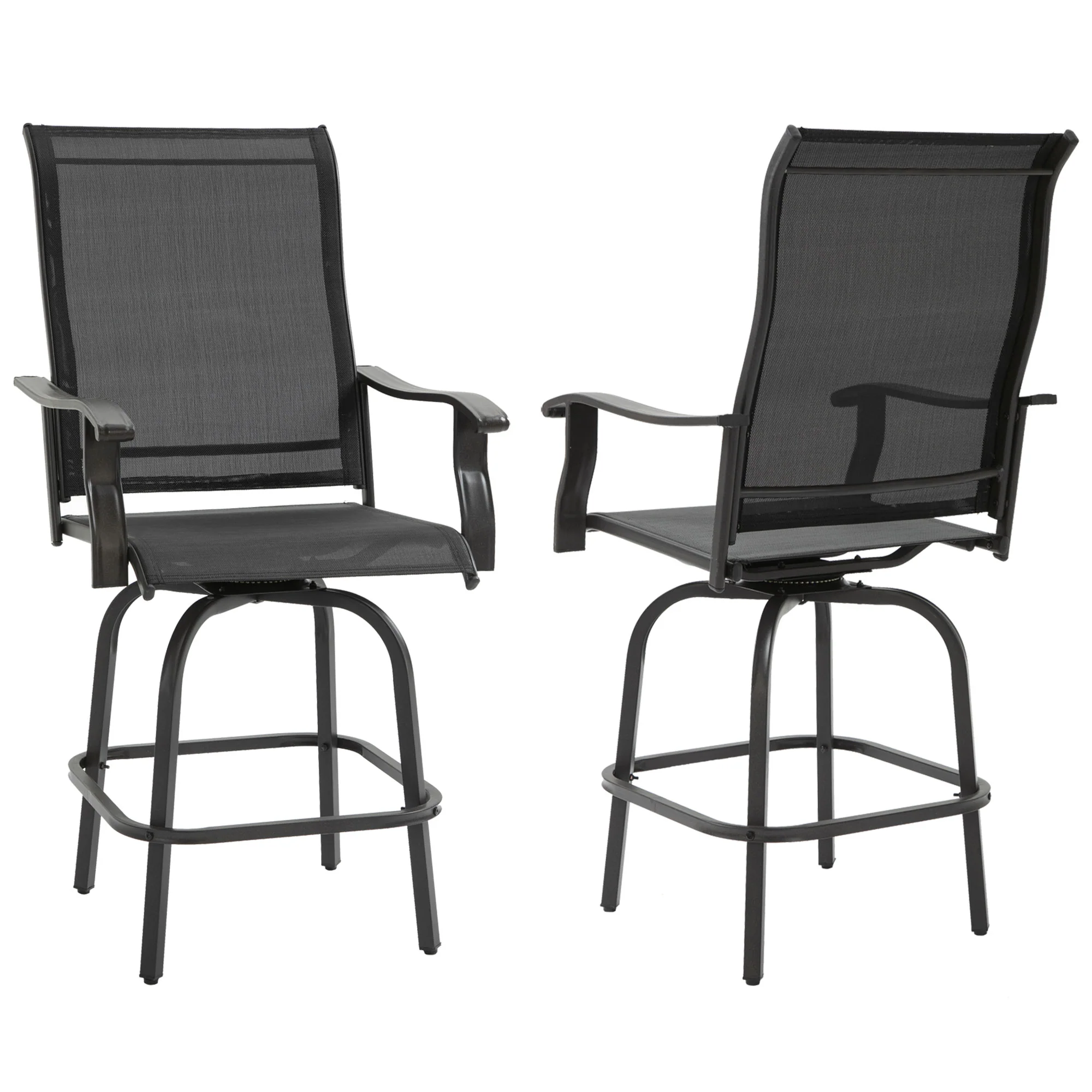 Outdoor Bar Stools Set of 2, Swivel Bar Height Chairs w/ High Back & Curved Armrests, Black - Image 2