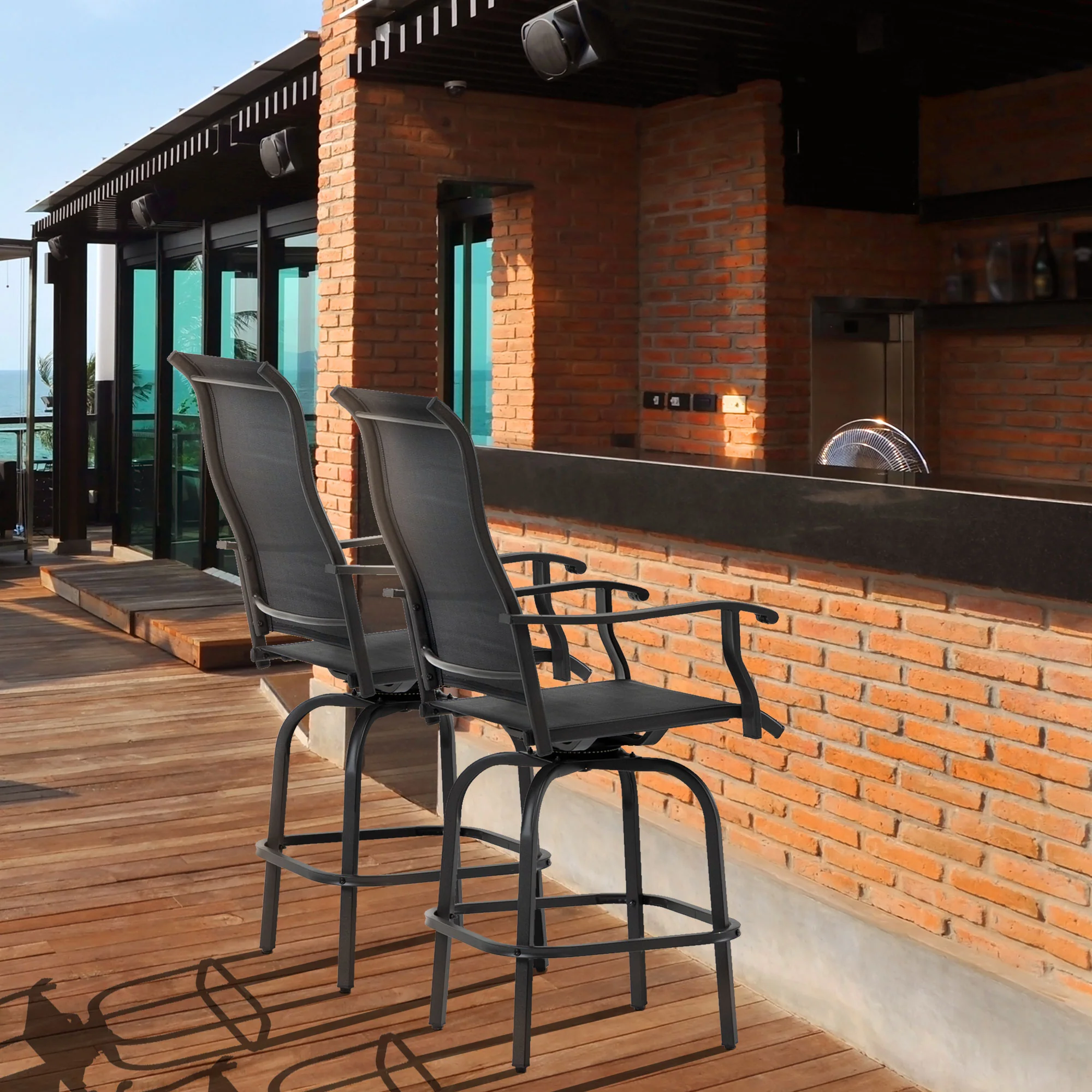 Outdoor Bar Stools Set of 2, Swivel Bar Height Chairs w/ High Back & Curved Armrests, Black - Image 3