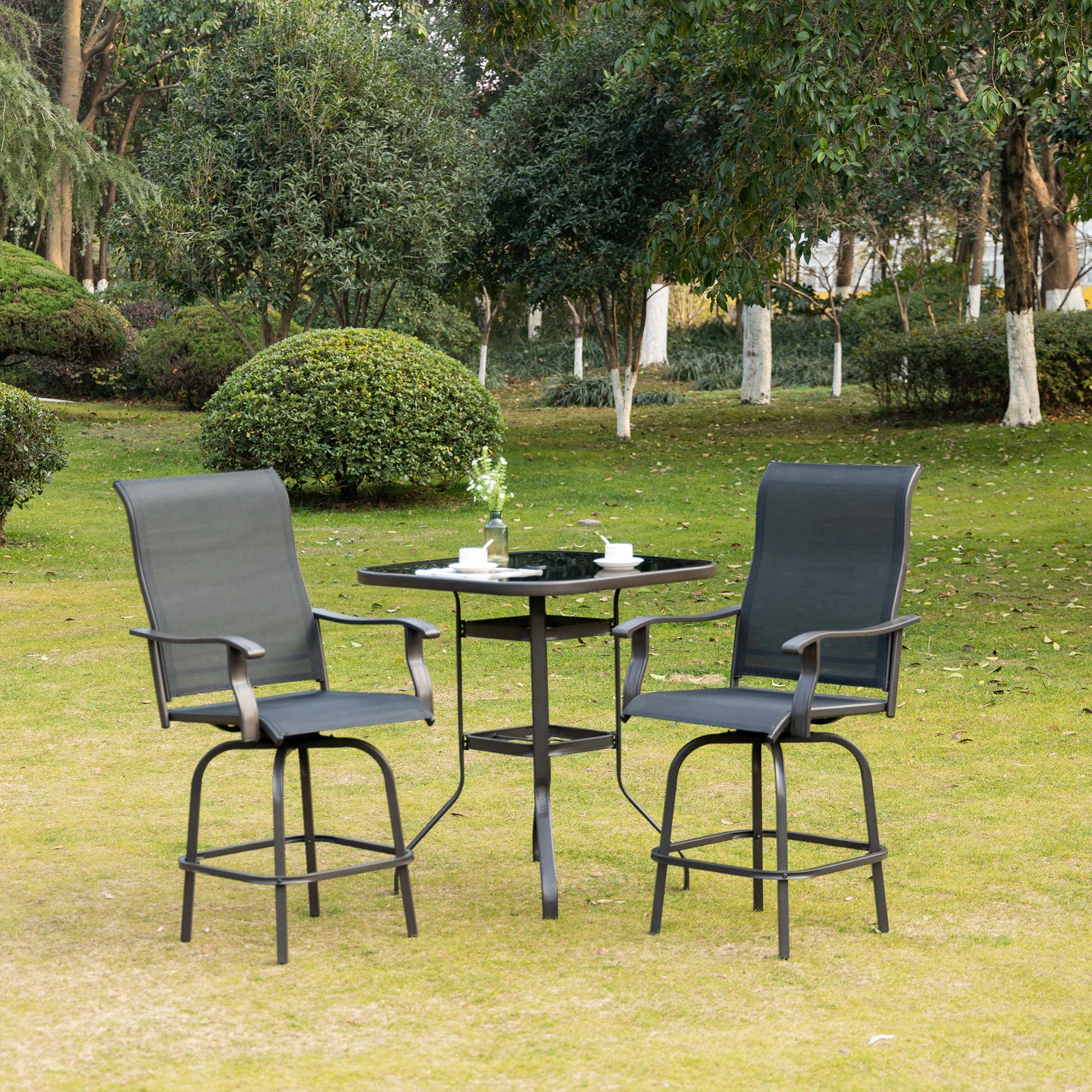 Outdoor Bar Stools Set of 2, Swivel Bar Height Chairs w/ High Back & Curved Armrests, Black - Image 4