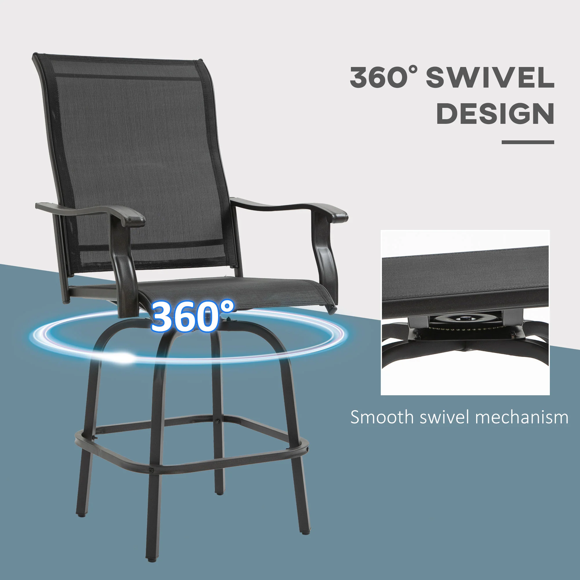 Outdoor Bar Stools Set of 2, Swivel Bar Height Chairs w/ High Back & Curved Armrests, Black - Image 6