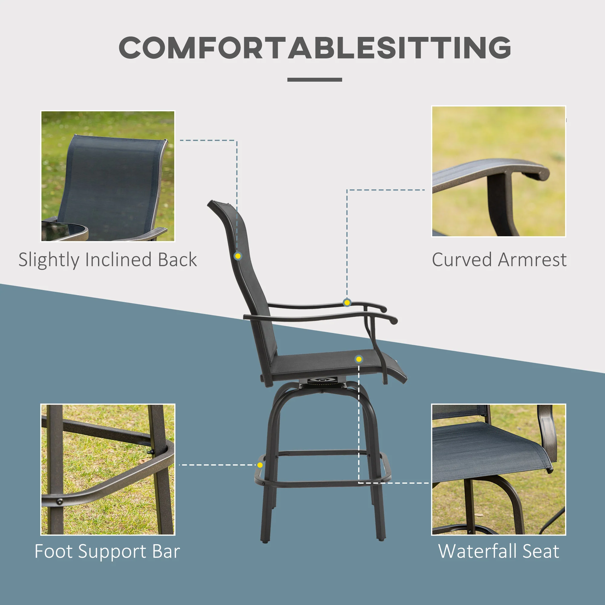 Outdoor Bar Stools Set of 2, Swivel Bar Height Chairs w/ High Back & Curved Armrests, Black - Image 7