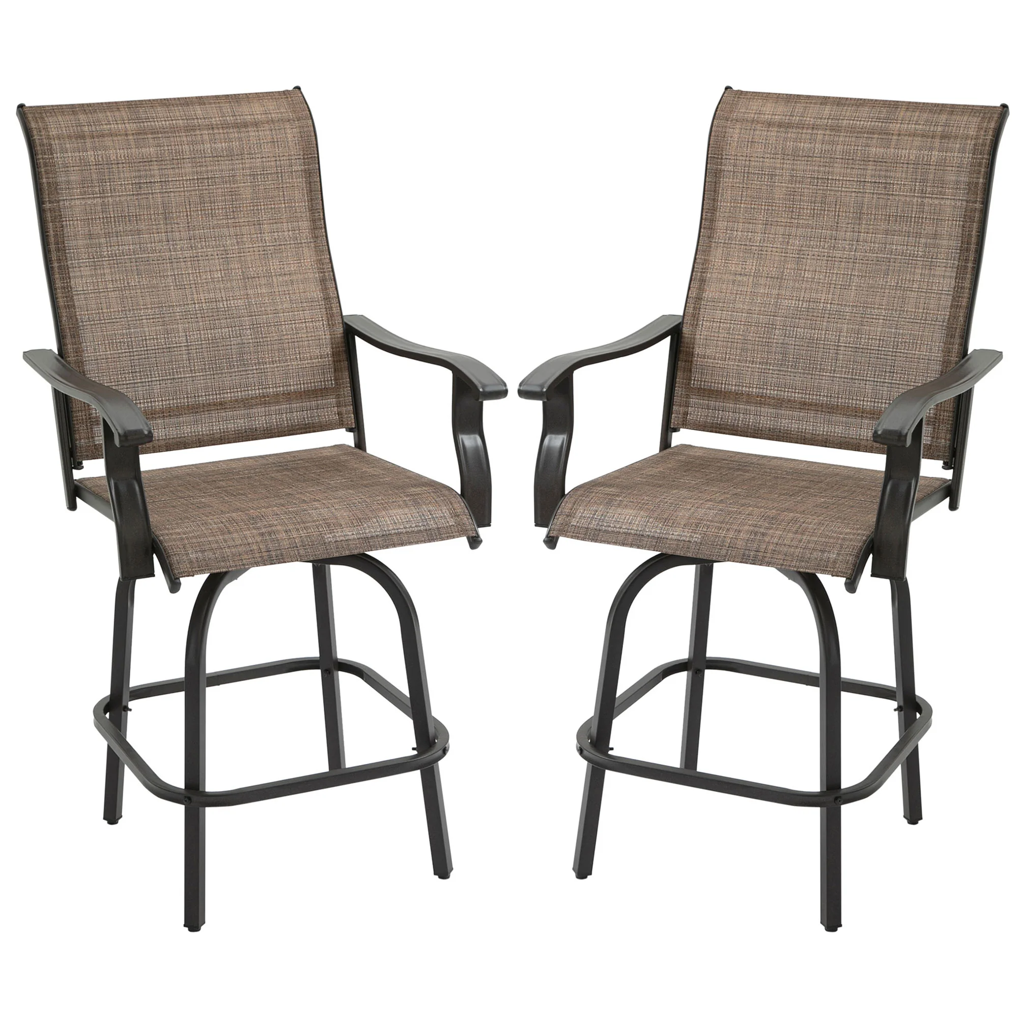 Outdoor Bar Stools Set of 2, Swivel Bar Height Chairs w/ High Back & Curved Armrests, Brown