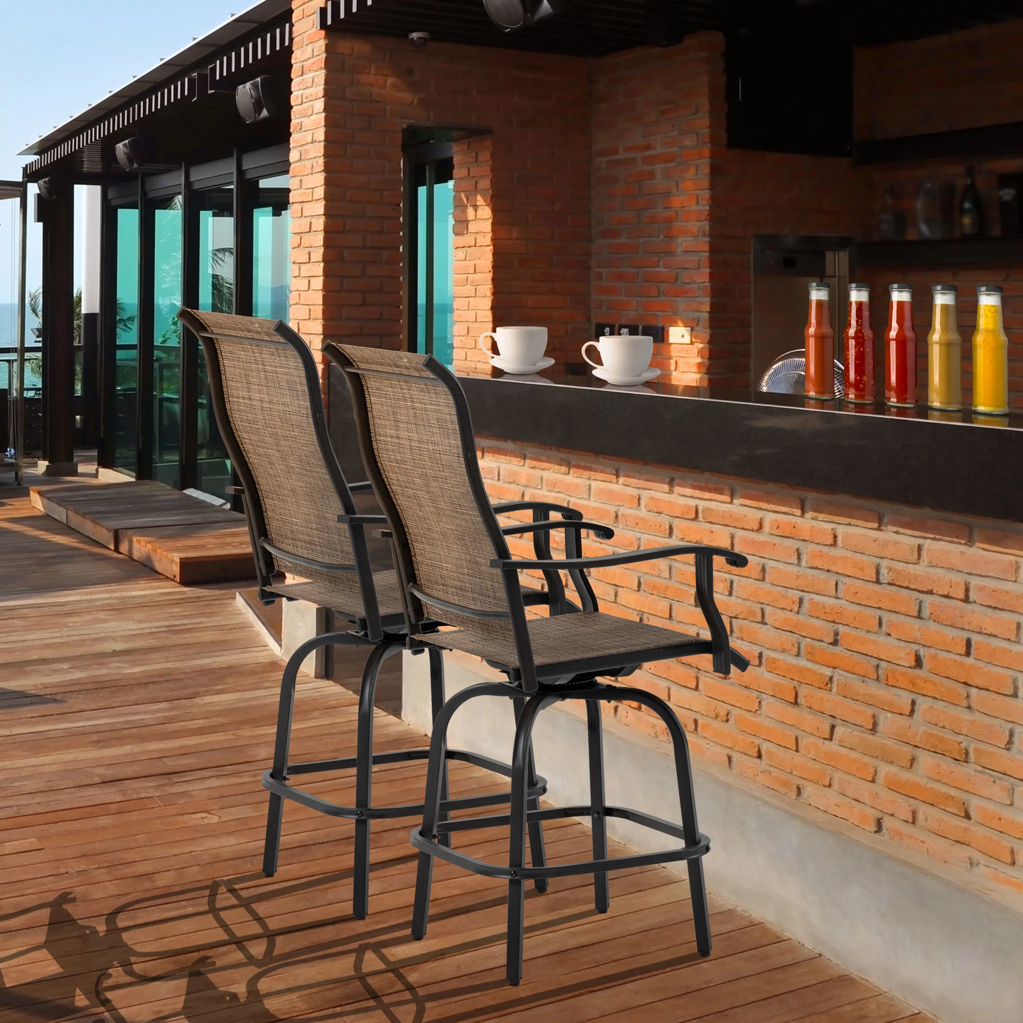 Outdoor Bar Stools Set of 2, Swivel Bar Height Chairs w/ High Back & Curved Armrests, Brown - Image 10