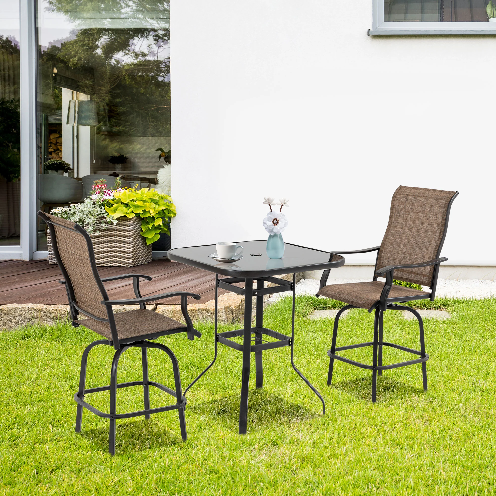 Outdoor Bar Stools Set of 2, Swivel Bar Height Chairs w/ High Back & Curved Armrests, Brown - Image 3