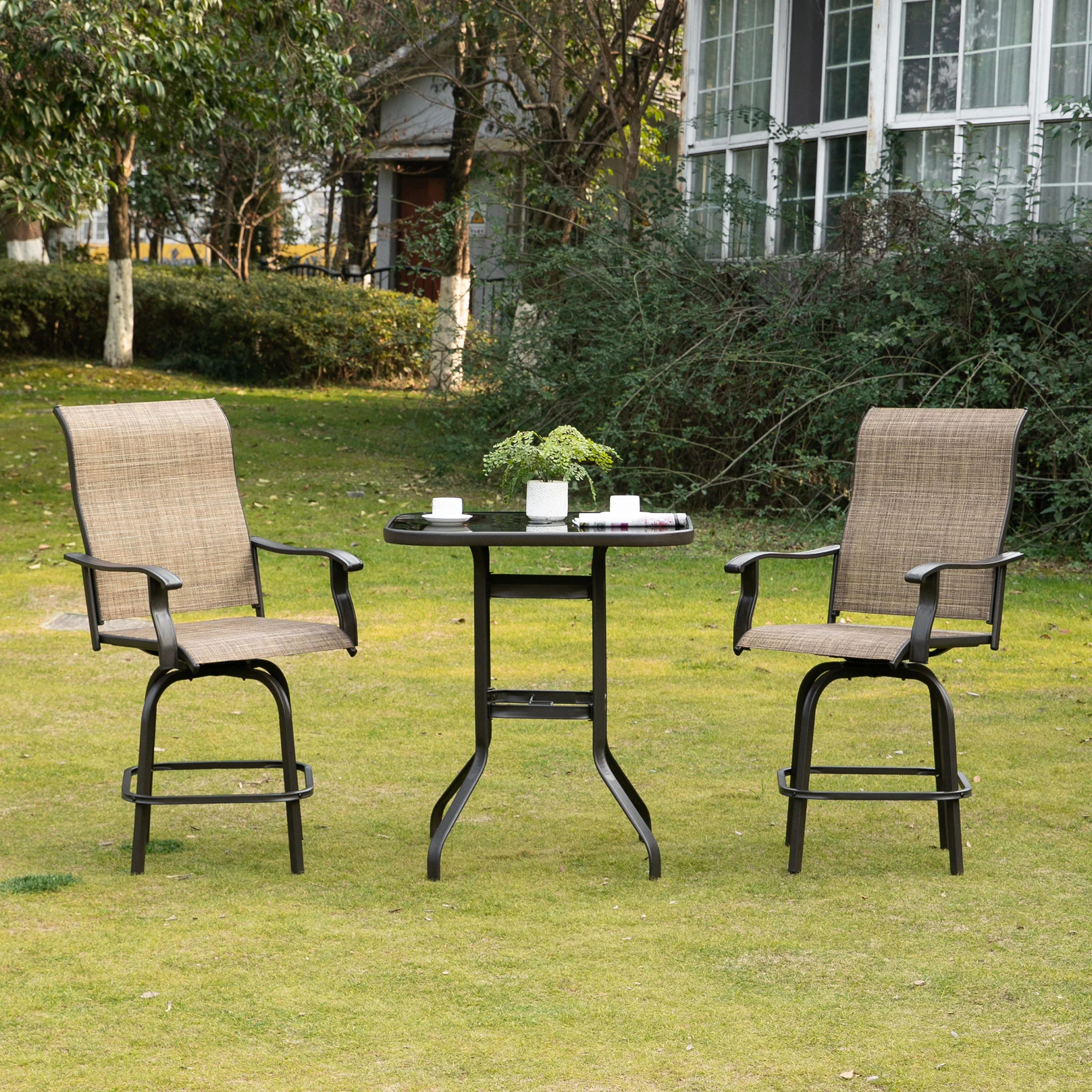 Outdoor Bar Stools Set of 2, Swivel Bar Height Chairs w/ High Back & Curved Armrests, Brown - Image 4