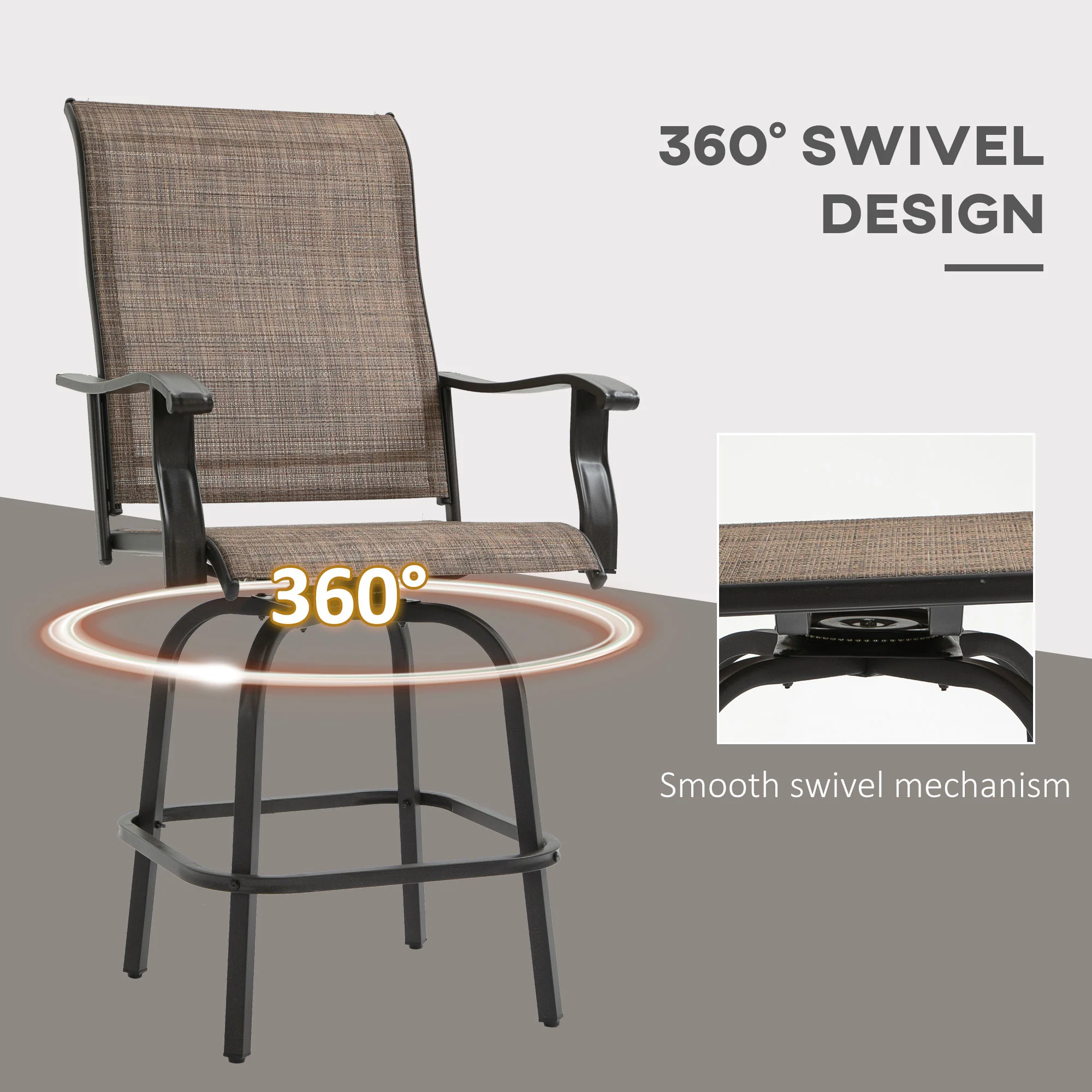 Outdoor Bar Stools Set of 2, Swivel Bar Height Chairs w/ High Back & Curved Armrests, Brown - Image 6