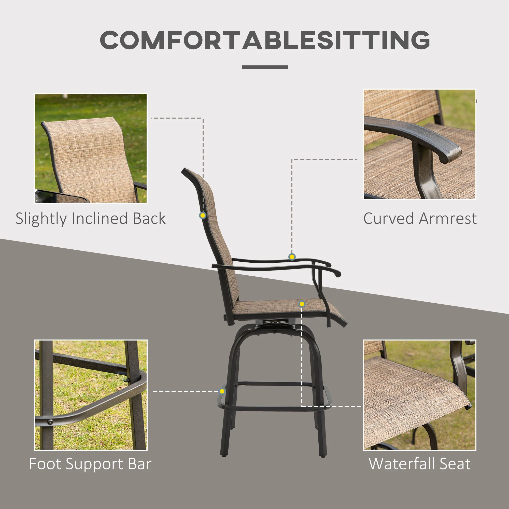 Outdoor Bar Stools Set of 2, Swivel Bar Height Chairs w/ High Back & Curved Armrests, Brown - Image 7