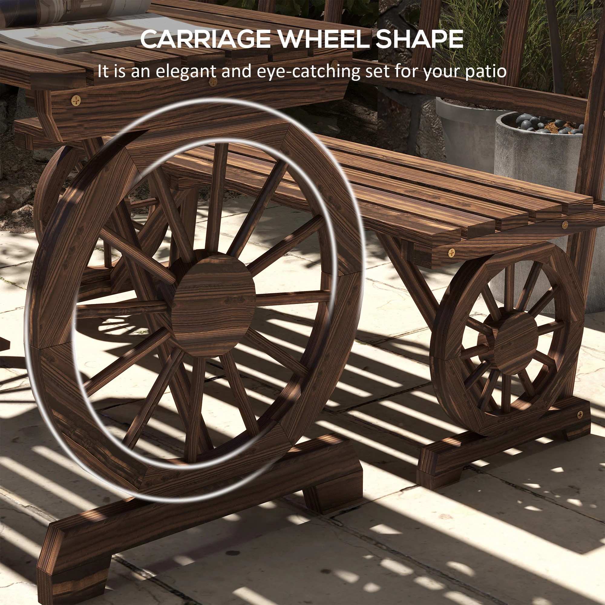 3-Piece Wooden Patio Dining Bench Set, Carbonized - Image 6