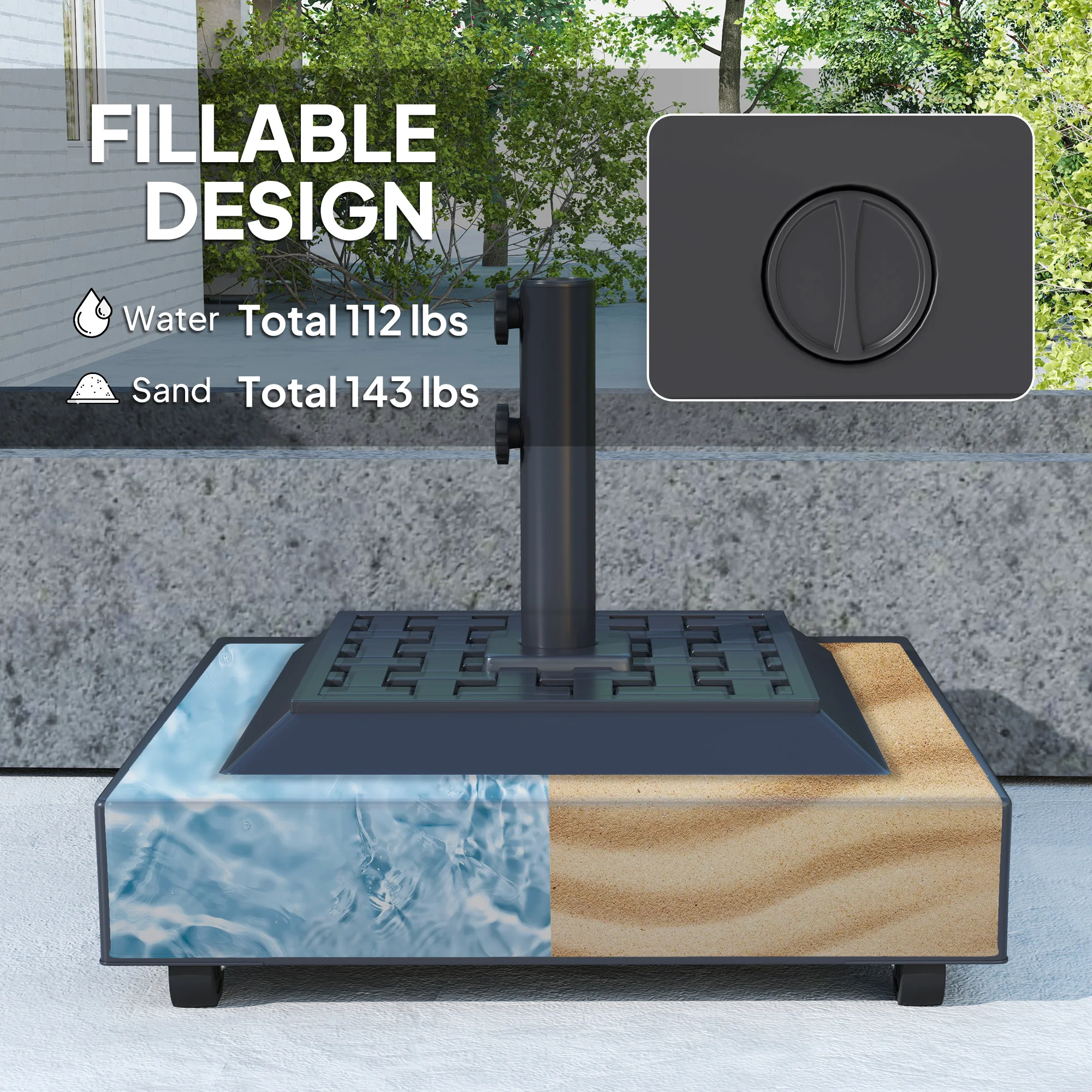 Outdoor Umbrella Base with Wheels, Up to 143lbs Sand or 112lbs Water, Black - Image 7