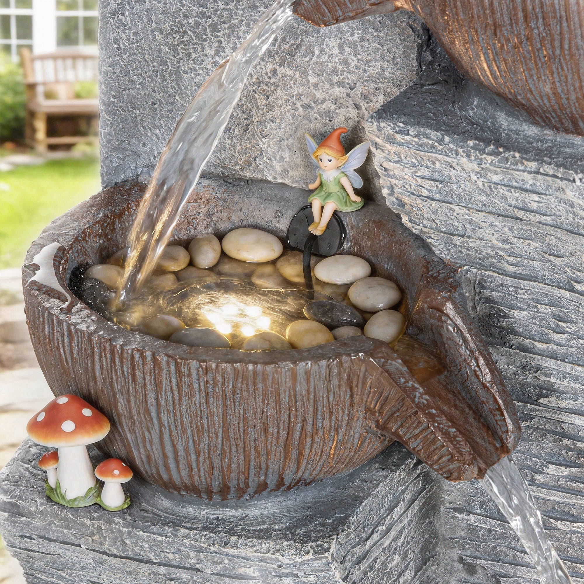 51.2" 5-Tier Water Fountain with LED Lights and Adjustable Flow, Gray/Brown - Image 10