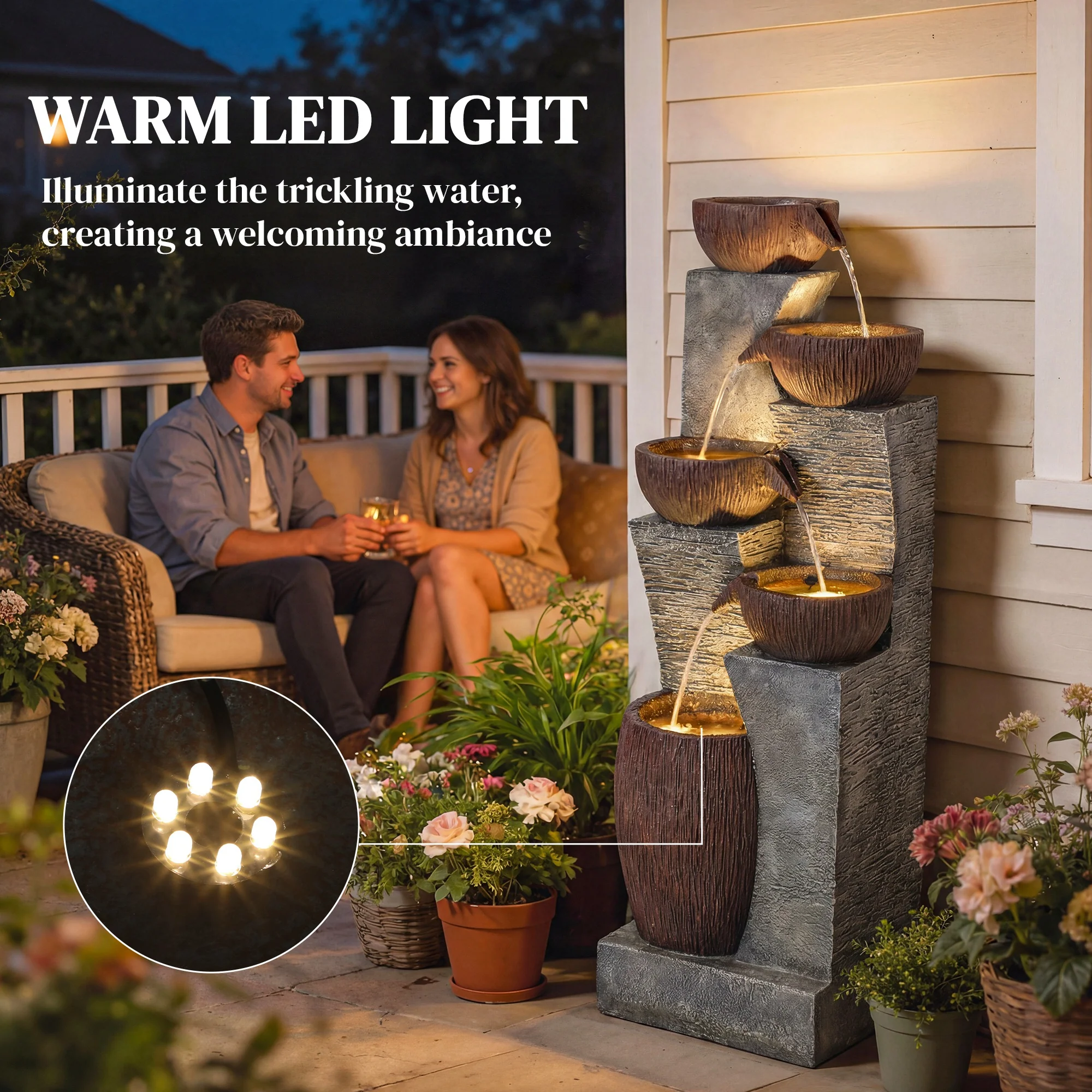 51.2" 5-Tier Water Fountain with LED Lights and Adjustable Flow, Gray/Brown - Image 7