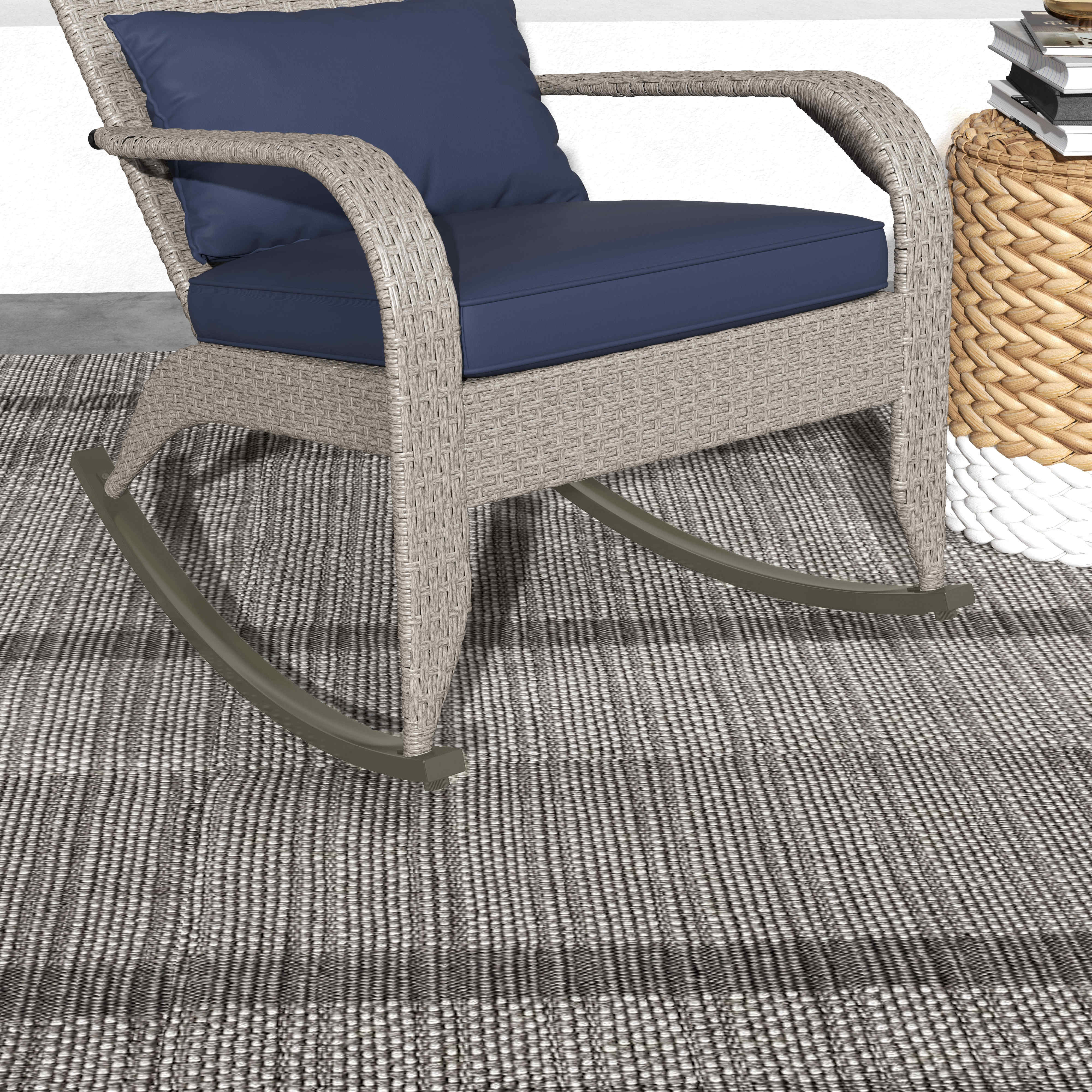 Outdoor Wicker Adirondack Rocking Chair with High Back, Seat Cushion and Pillow, Dark Blue - Image 11