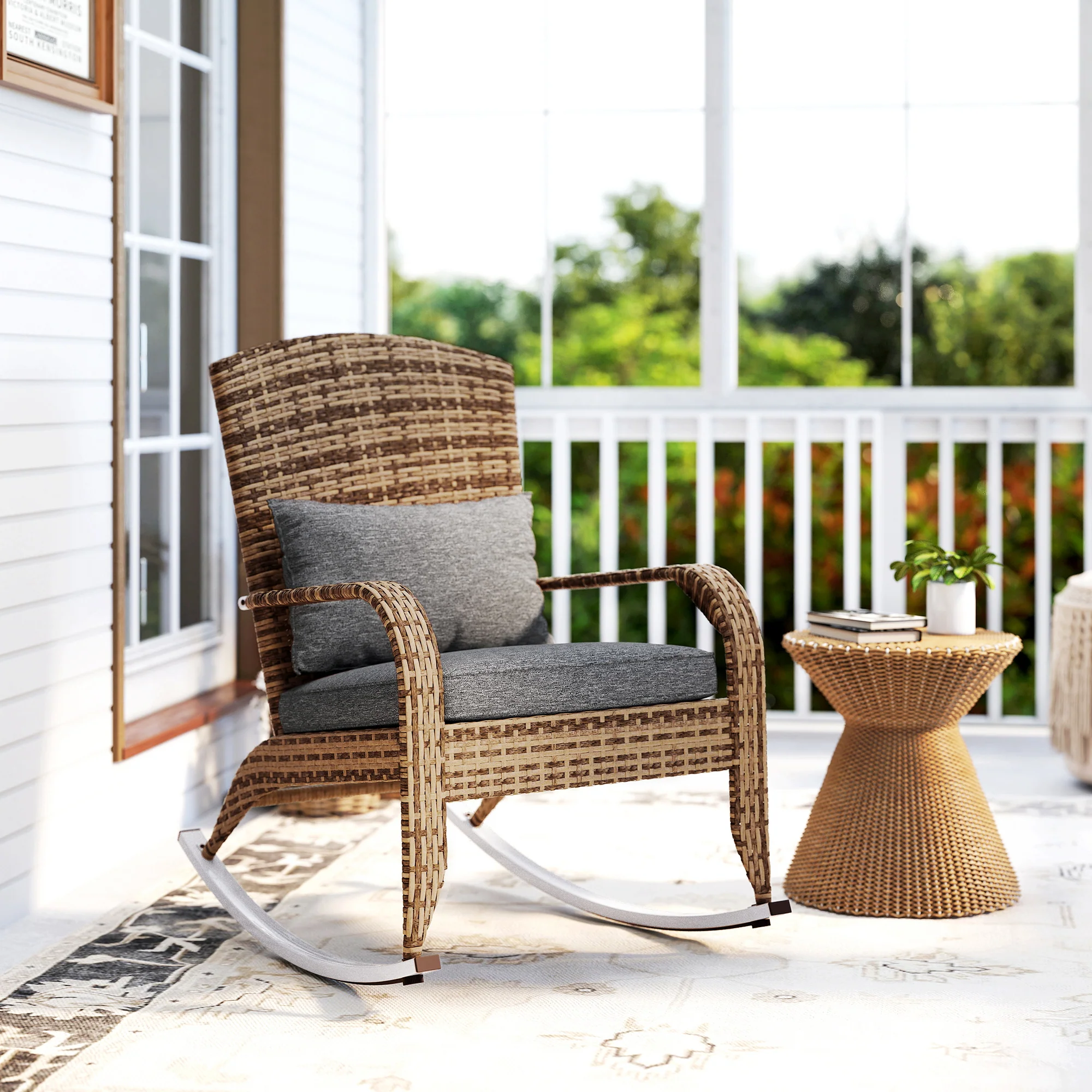 Wicker Adirondack Rocking Chair with Cushion and Pillow, Grey/Mixed Yellow - Image 10