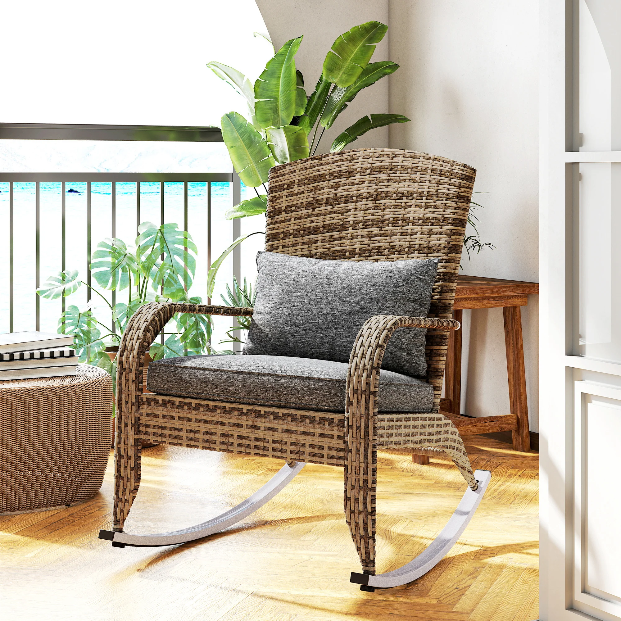 Wicker Adirondack Rocking Chair with Cushion and Pillow, Grey/Mixed Yellow - Image 11