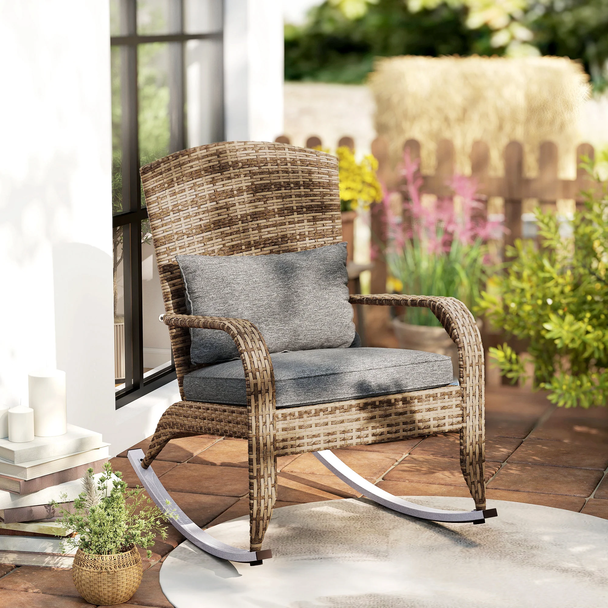 Wicker Adirondack Rocking Chair with Cushion and Pillow, Grey/Mixed Yellow - Image 3