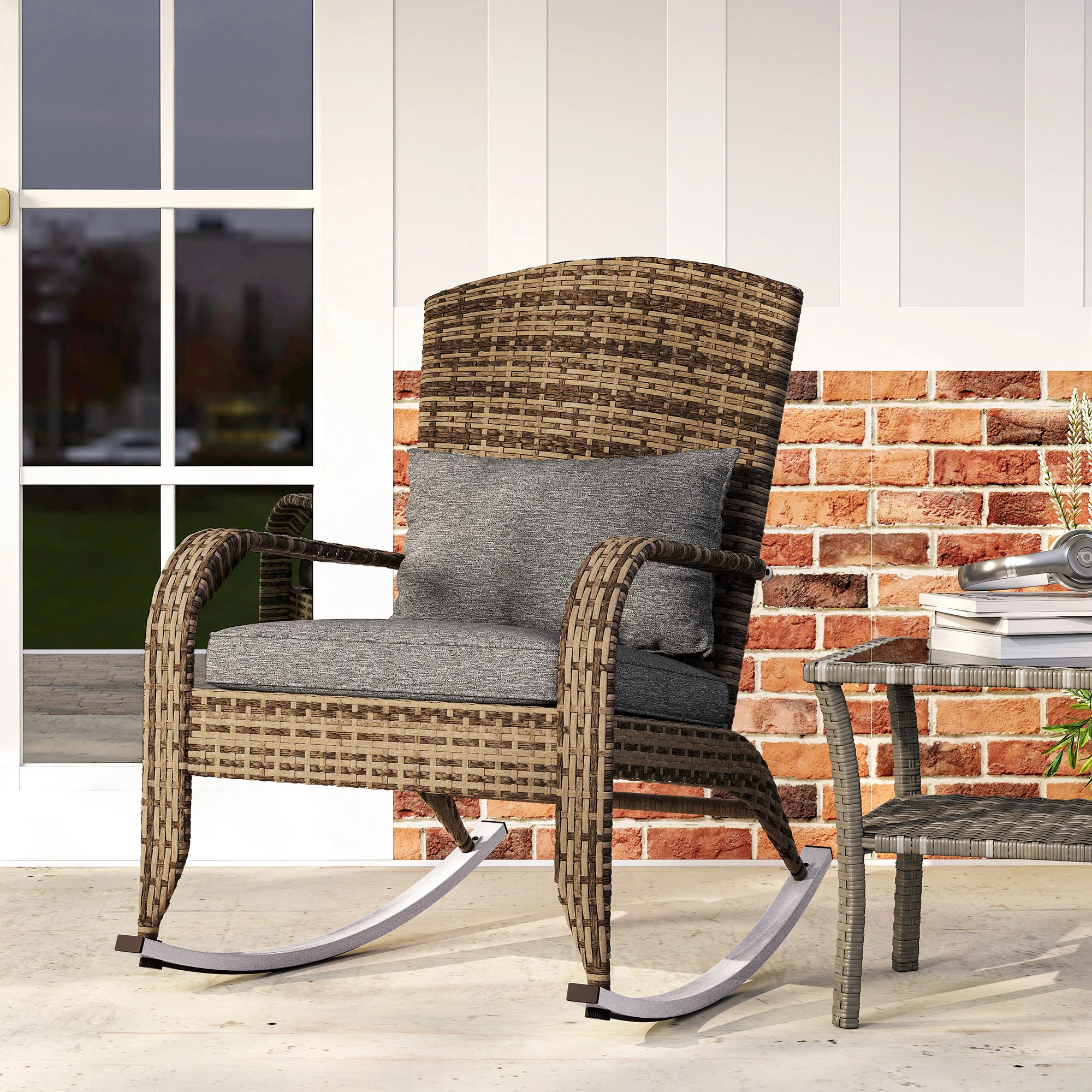 Wicker Adirondack Rocking Chair with Cushion and Pillow, Grey/Mixed Yellow - Image 4