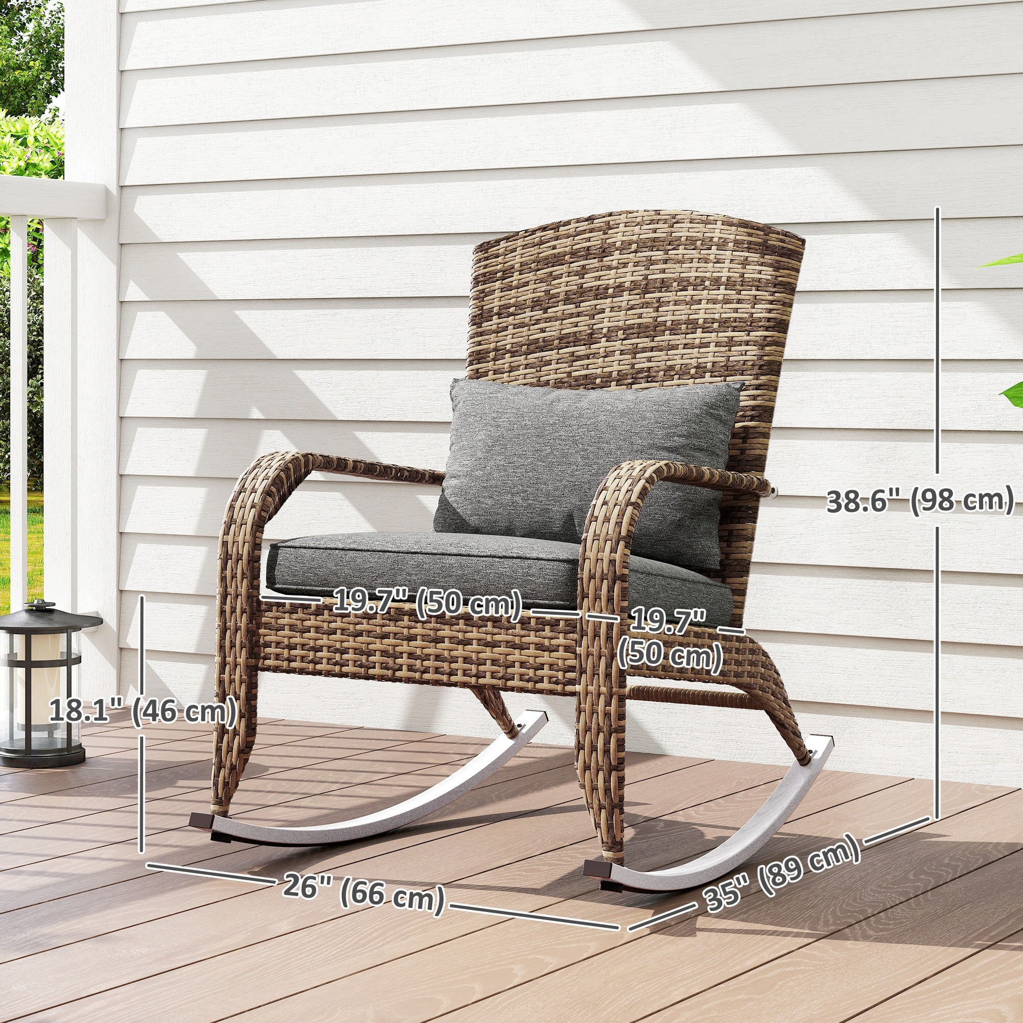 Wicker Adirondack Rocking Chair with Cushion and Pillow, Grey/Mixed Yellow - Image 5