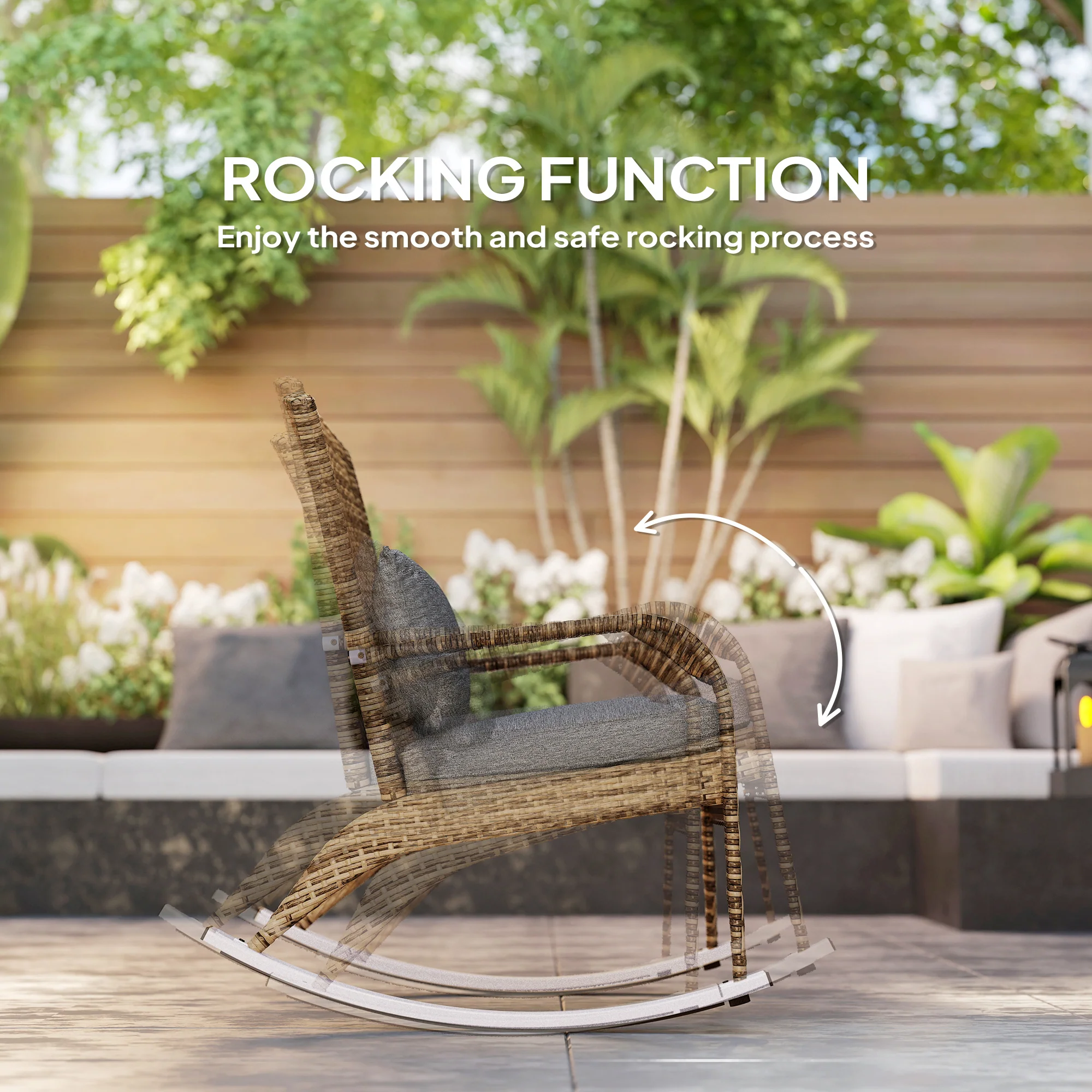Wicker Adirondack Rocking Chair with Cushion and Pillow, Grey/Mixed Yellow - Image 6