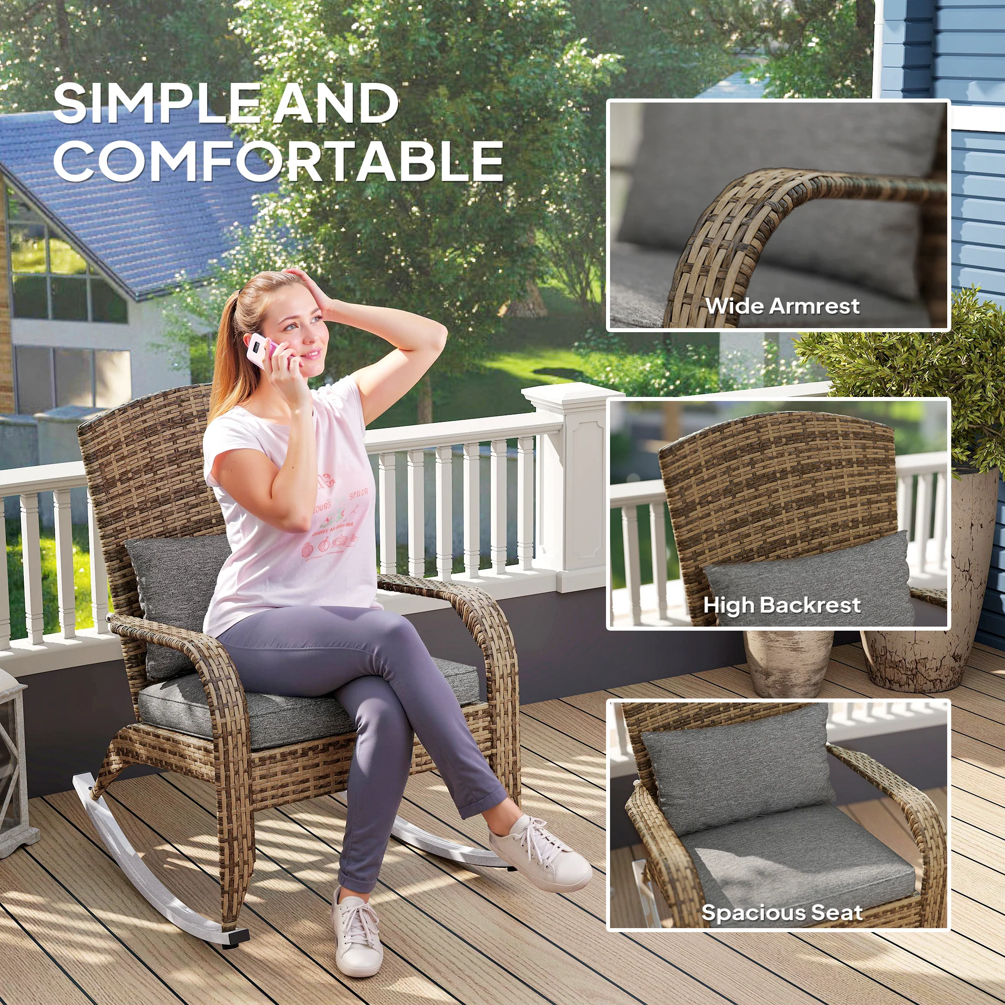 Wicker Adirondack Rocking Chair with Cushion and Pillow, Grey/Mixed Yellow - Image 7