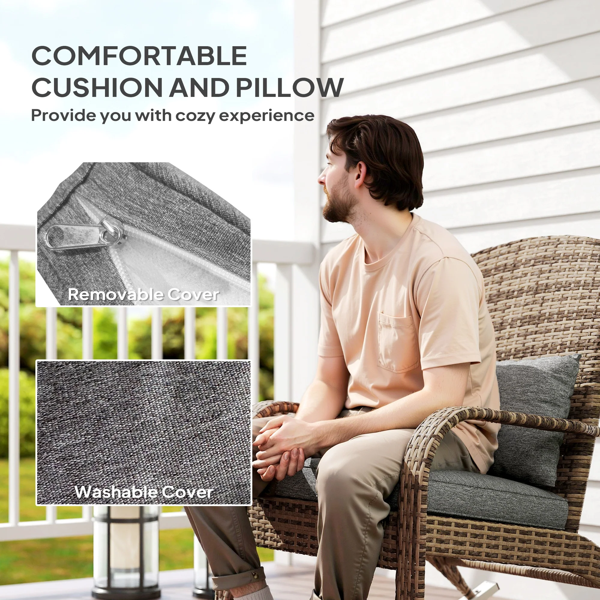 Wicker Adirondack Rocking Chair with Cushion and Pillow, Grey/Mixed Yellow - Image 8