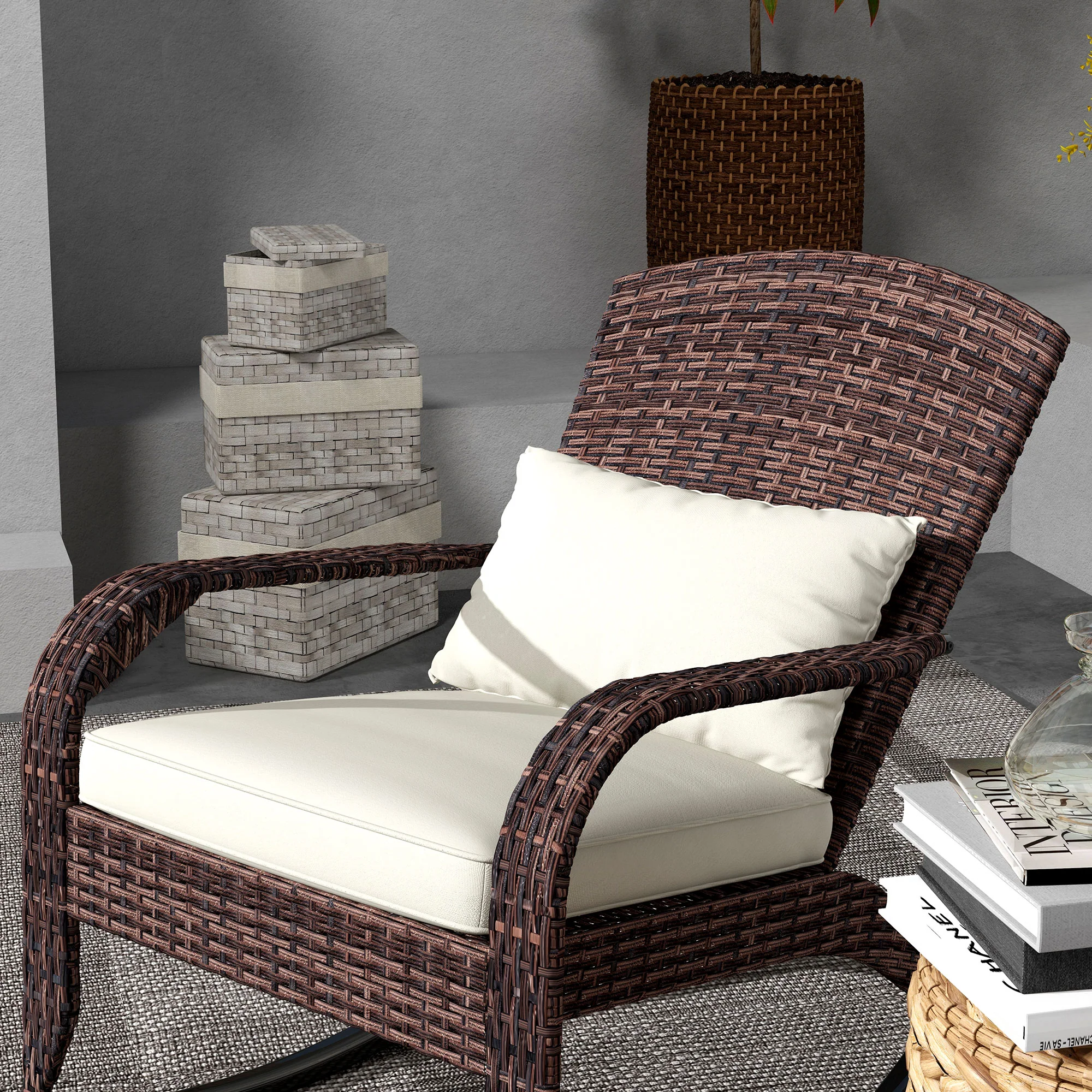 Wicker Adirondack Rocking Chair with Cushion and Pillow, Cream White/Brown - Image 10