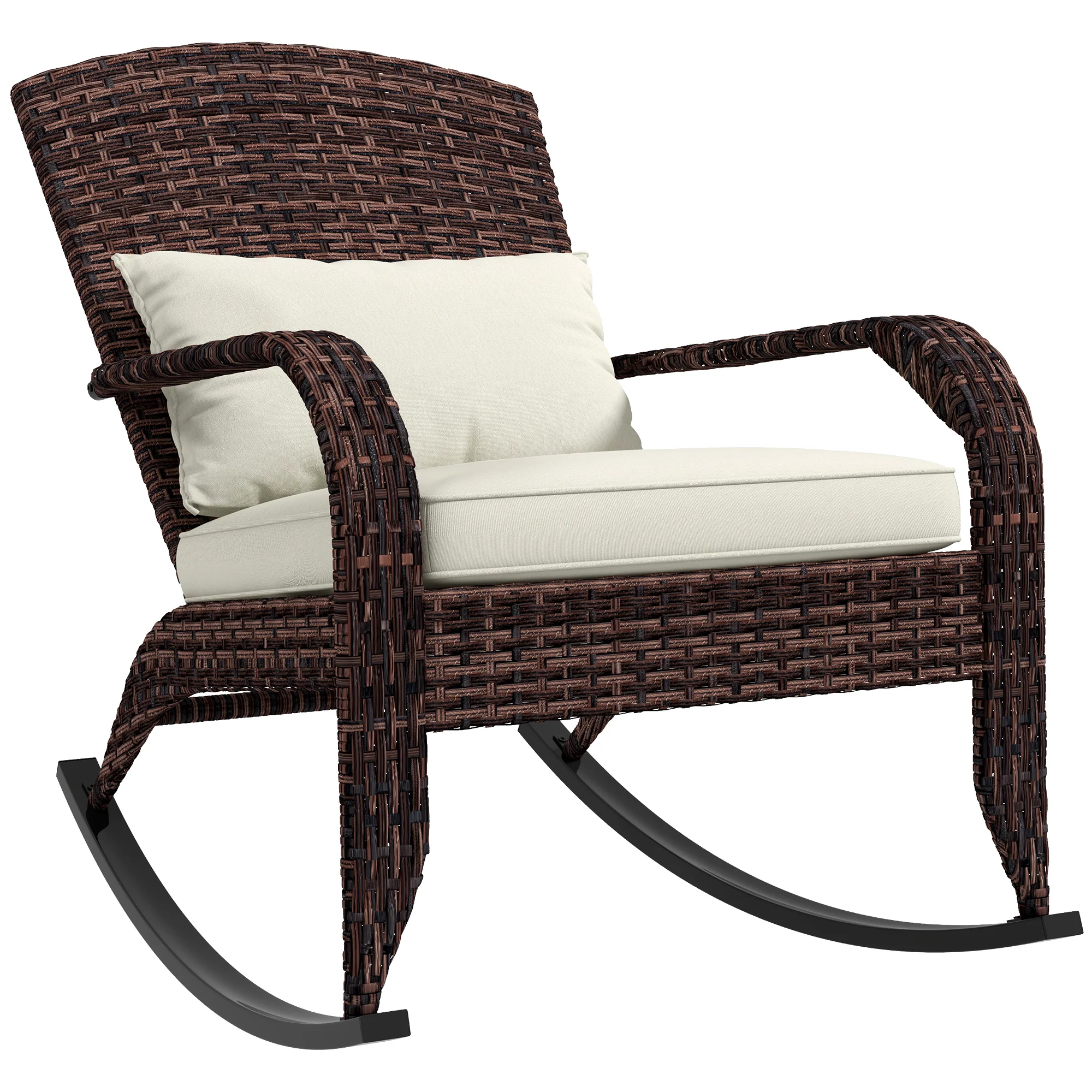 Wicker Adirondack Rocking Chair with Cushion and Pillow, Cream White/Brown - Image 12