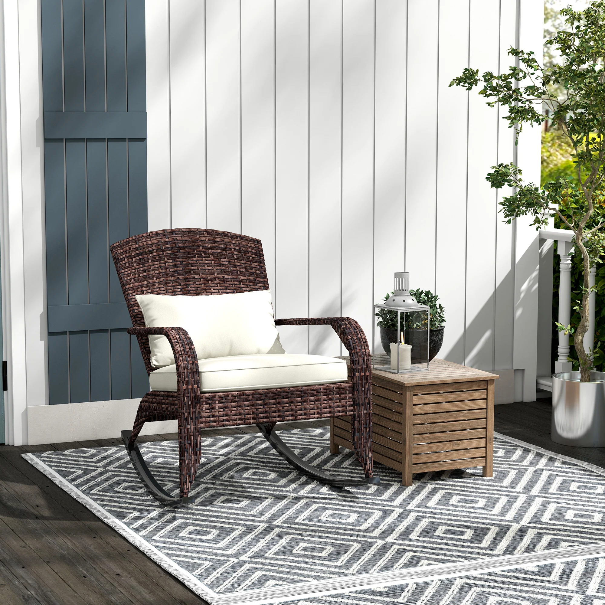 Wicker Adirondack Rocking Chair with Cushion and Pillow, Cream White/Brown - Image 3