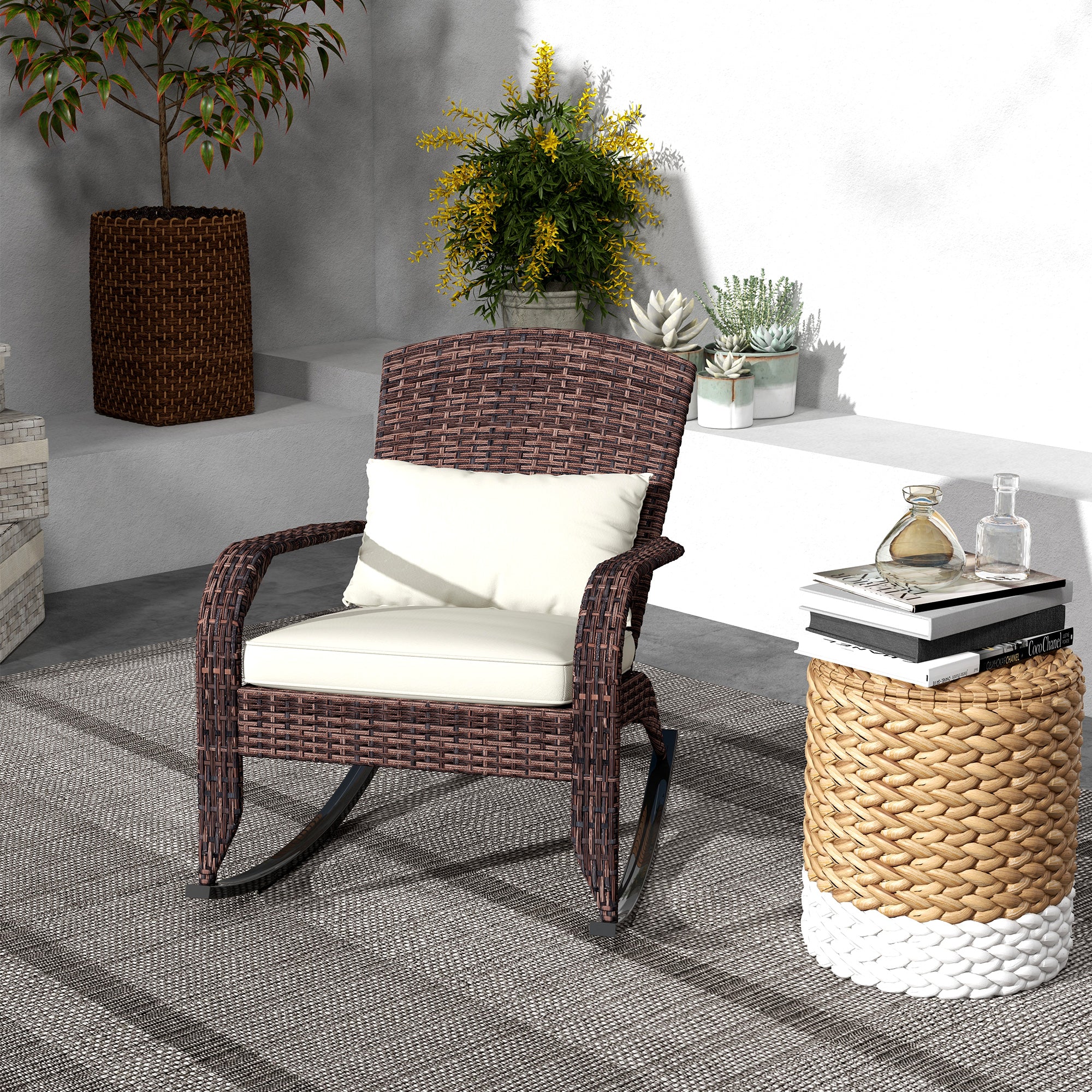 Wicker Adirondack Rocking Chair with Cushion and Pillow, Cream White/Brown - Image 4