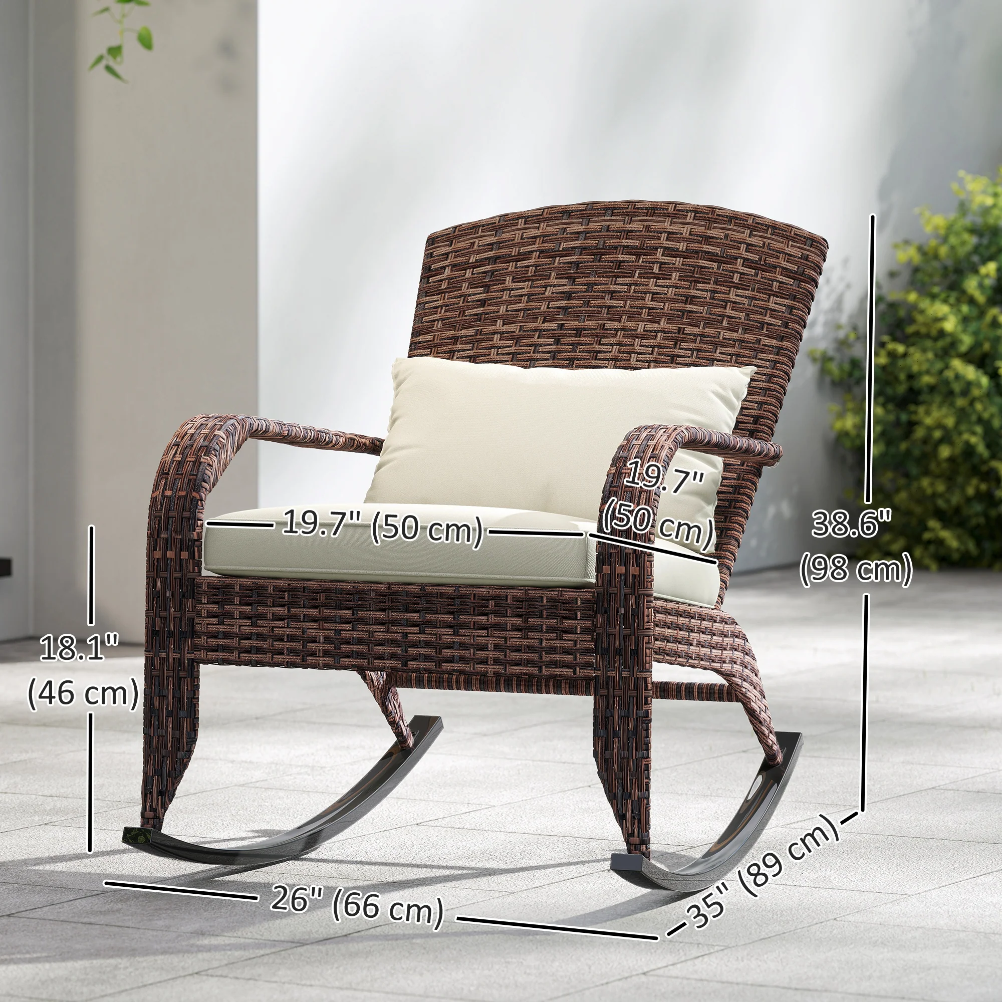 Wicker Adirondack Rocking Chair with Cushion and Pillow, Cream White/Brown - Image 5
