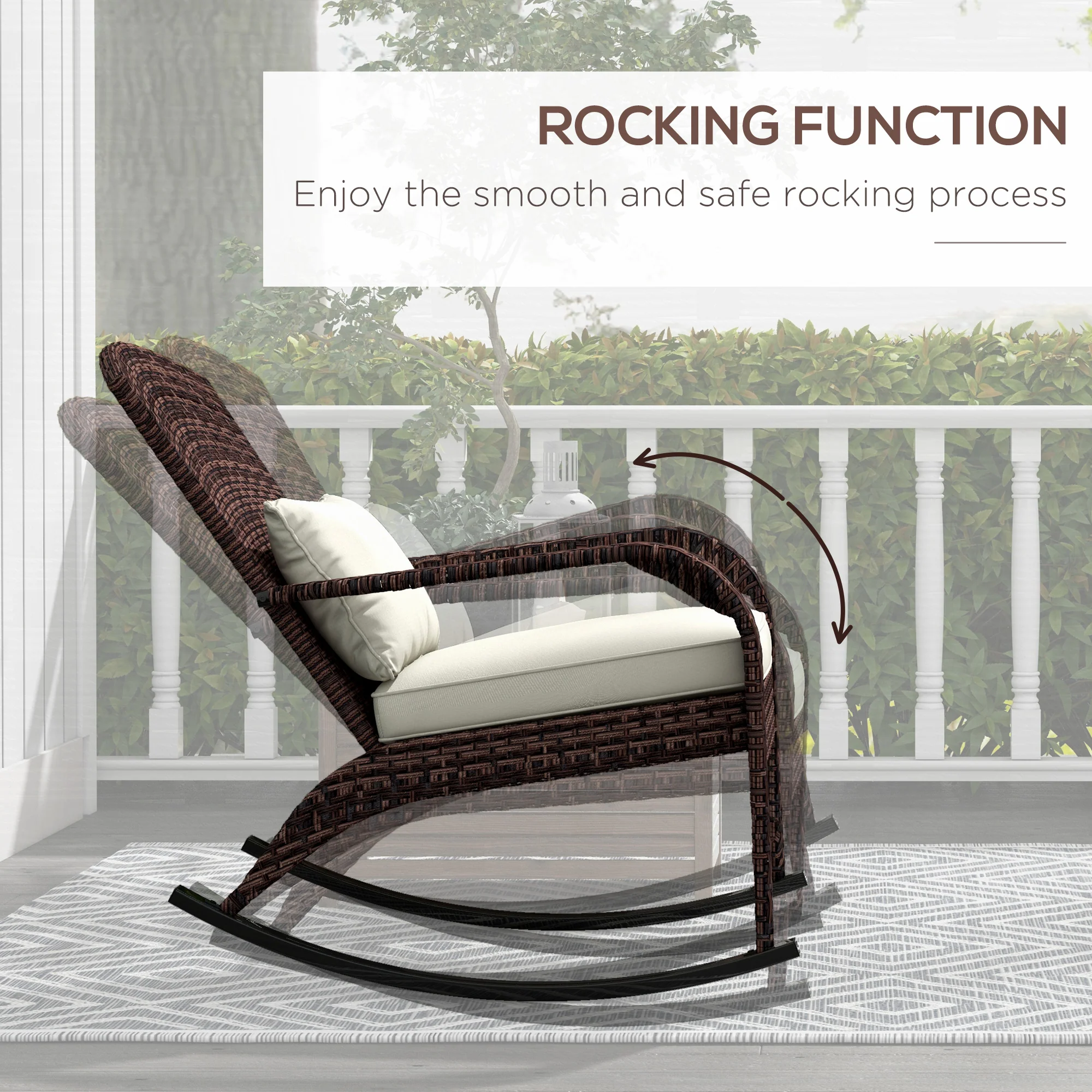 Wicker Adirondack Rocking Chair with Cushion and Pillow, Cream White/Brown - Image 6