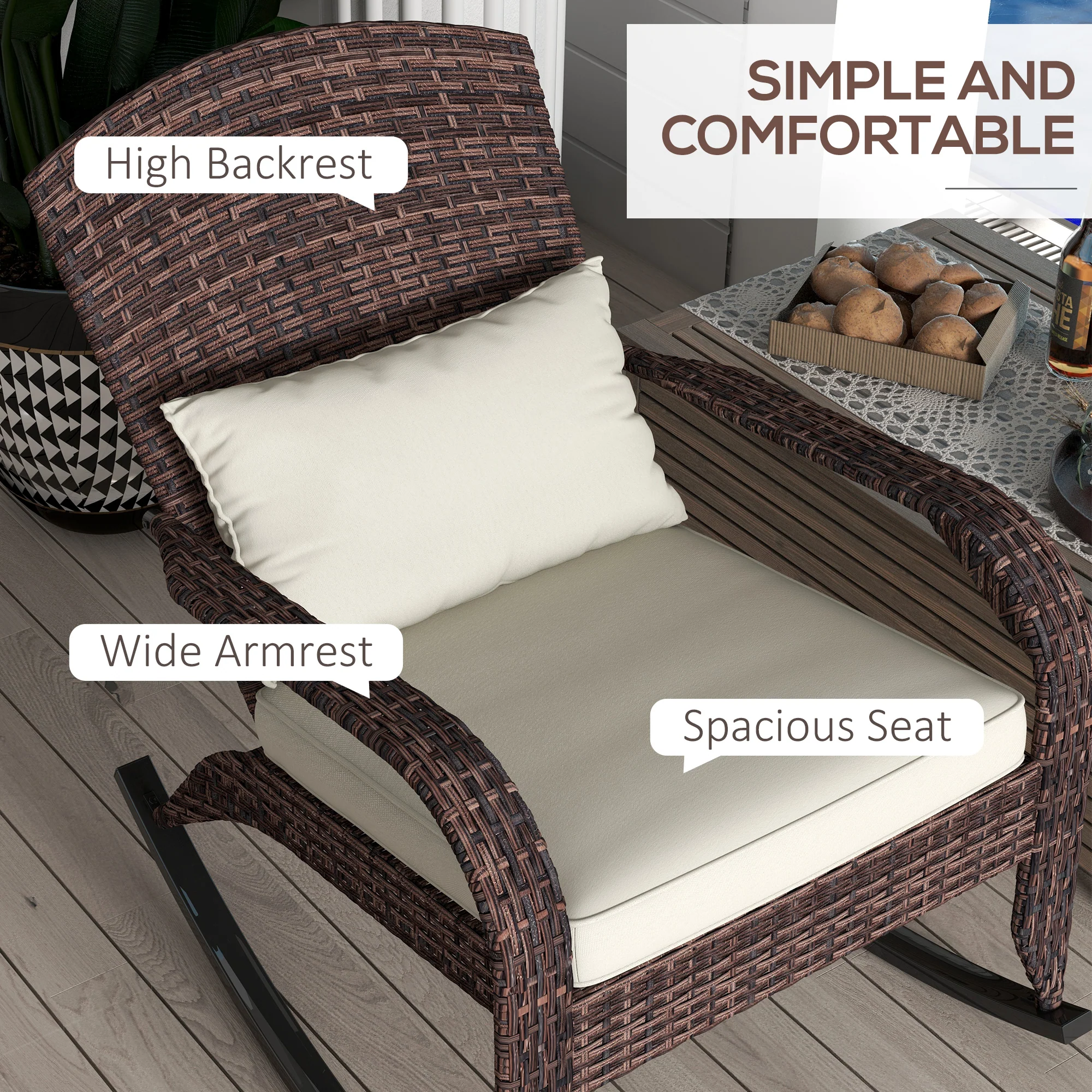 Wicker Adirondack Rocking Chair with Cushion and Pillow, Cream White/Brown - Image 7