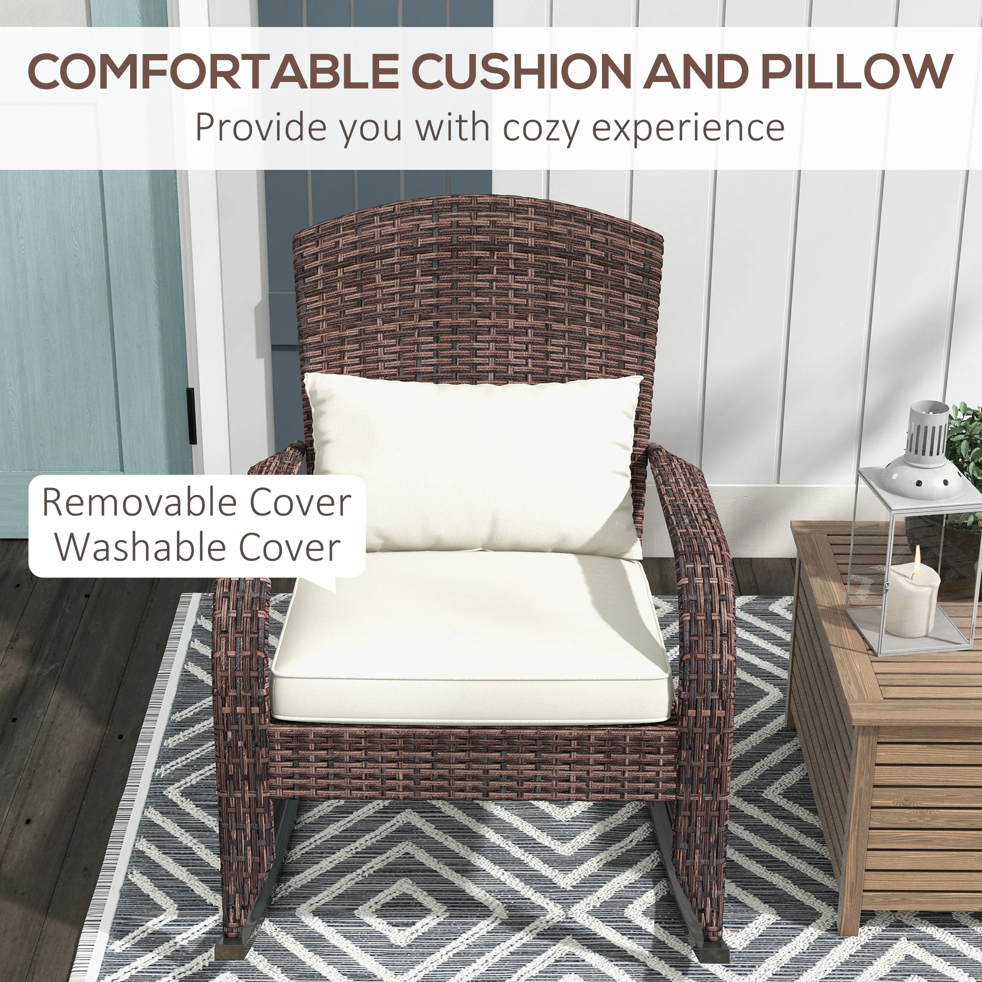 Wicker Adirondack Rocking Chair with Cushion and Pillow, Cream White/Brown - Image 8