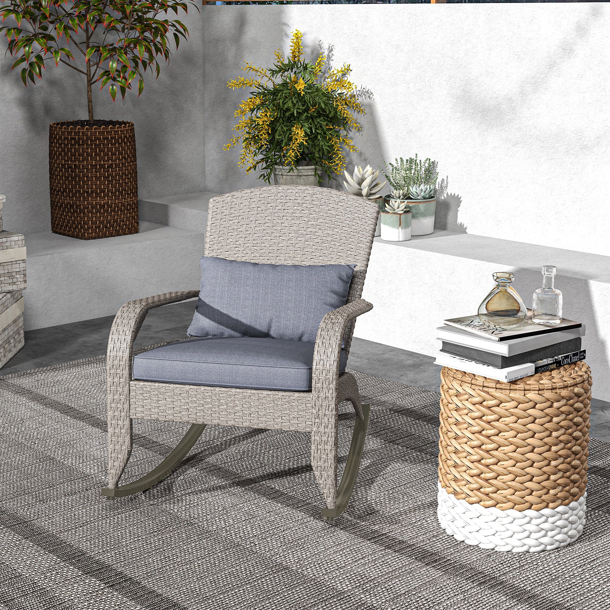 Outdoor Wicker Adirondack Rocking Chair with High Back, Seat Cushion and Pillow, Grey - Image 4