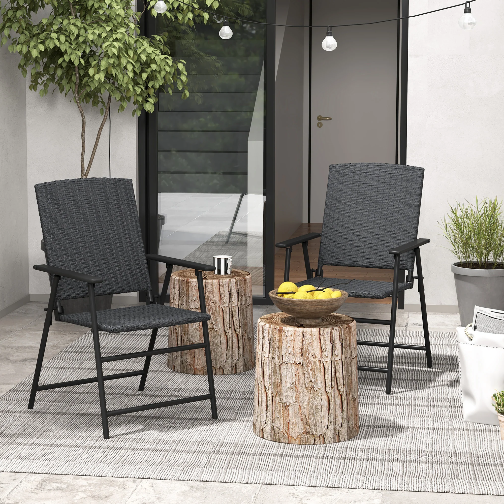 Outdoor Wicker Dining Chair Set of 2, Foldable Patio Furniture with Steel Frame, Black - Image 3