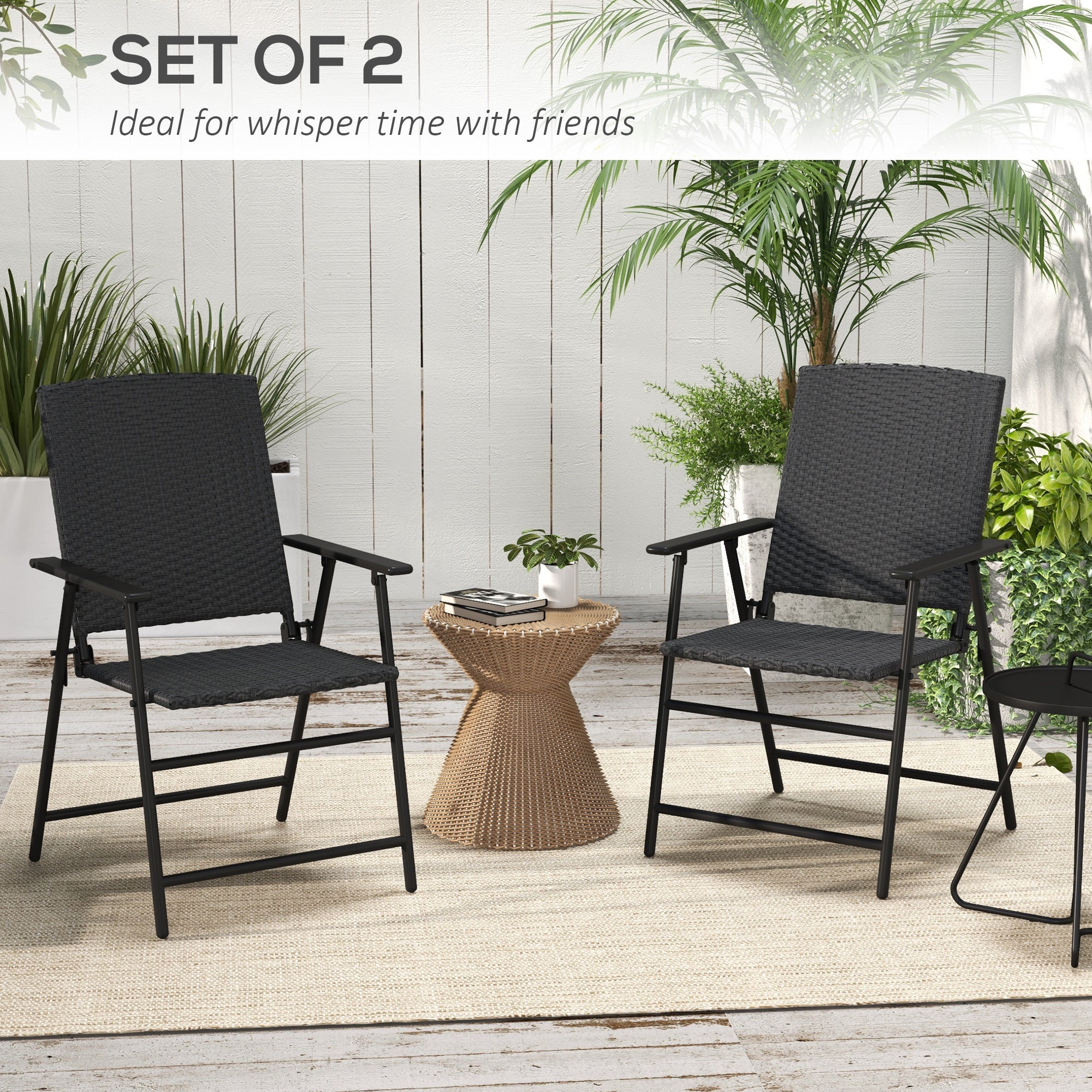 Outdoor Wicker Dining Chair Set of 2, Foldable Patio Furniture with Steel Frame, Black - Image 6