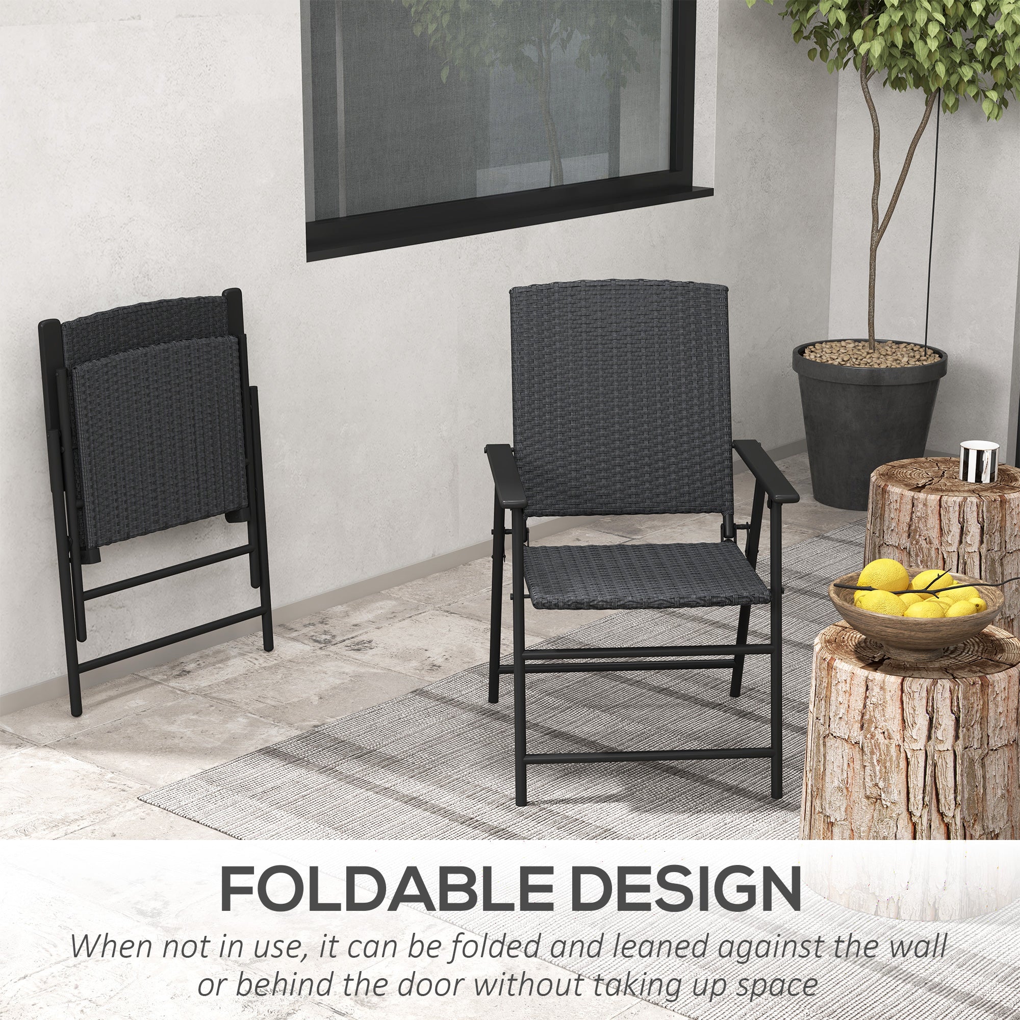 Outdoor Wicker Dining Chair Set of 2, Foldable Patio Furniture with Steel Frame, Black - Image 8