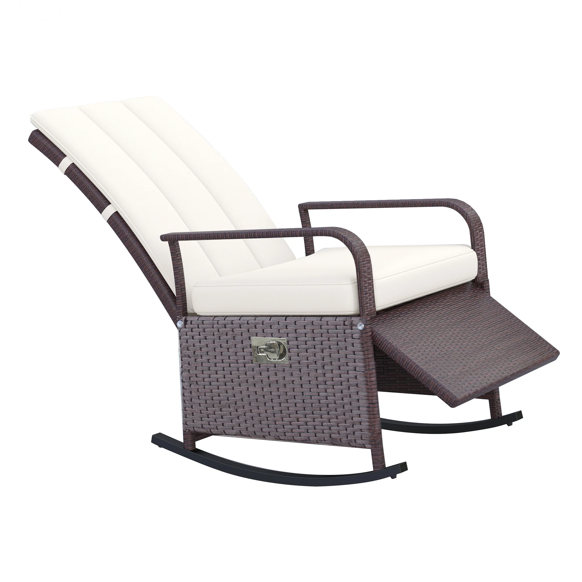 Outdoor Cushioned PE Rattan Recliner Chair with Adjustable Footrest & Armrests, Cream White - Image 2