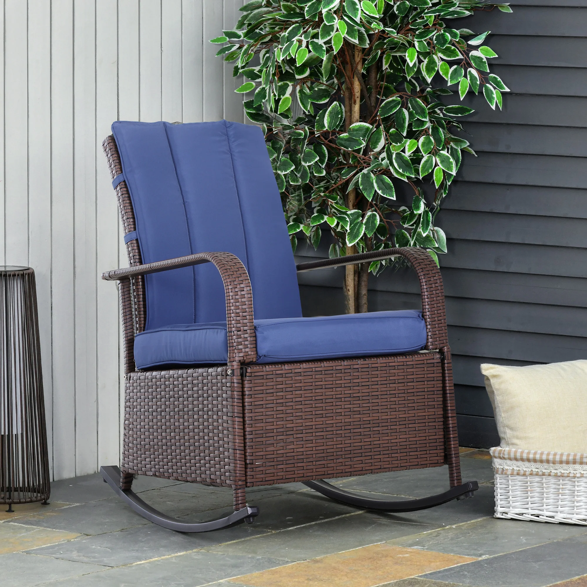 Outdoor Cushioned PE Rattan Recliner Chair with Adjustable Footrest & Armrests, Dark Blue - Image 3