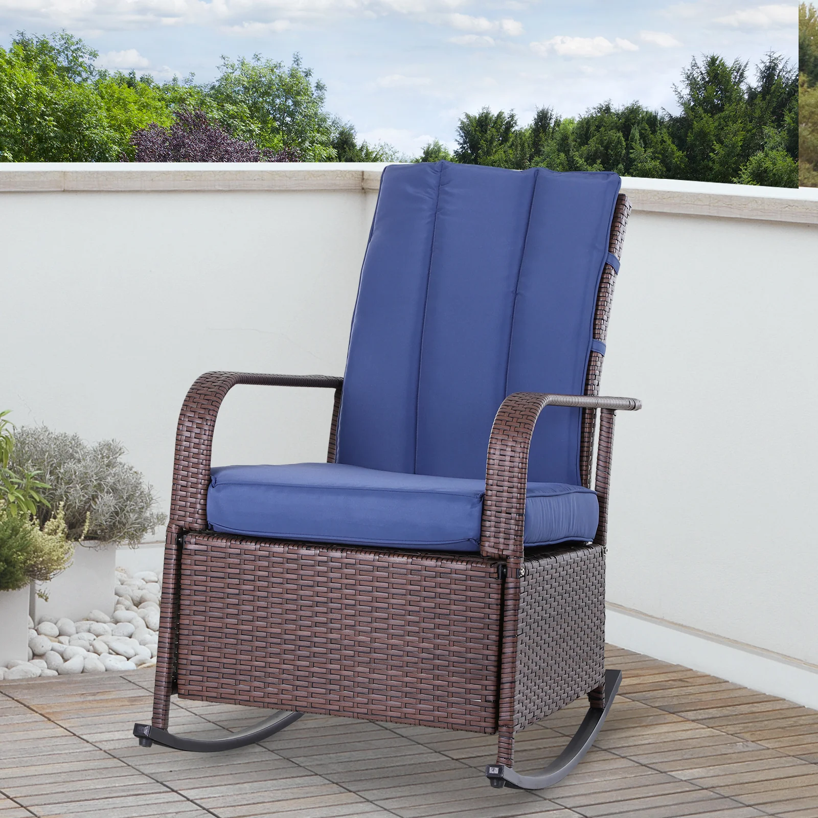 Outdoor Cushioned PE Rattan Recliner Chair with Adjustable Footrest & Armrests, Dark Blue - Image 4