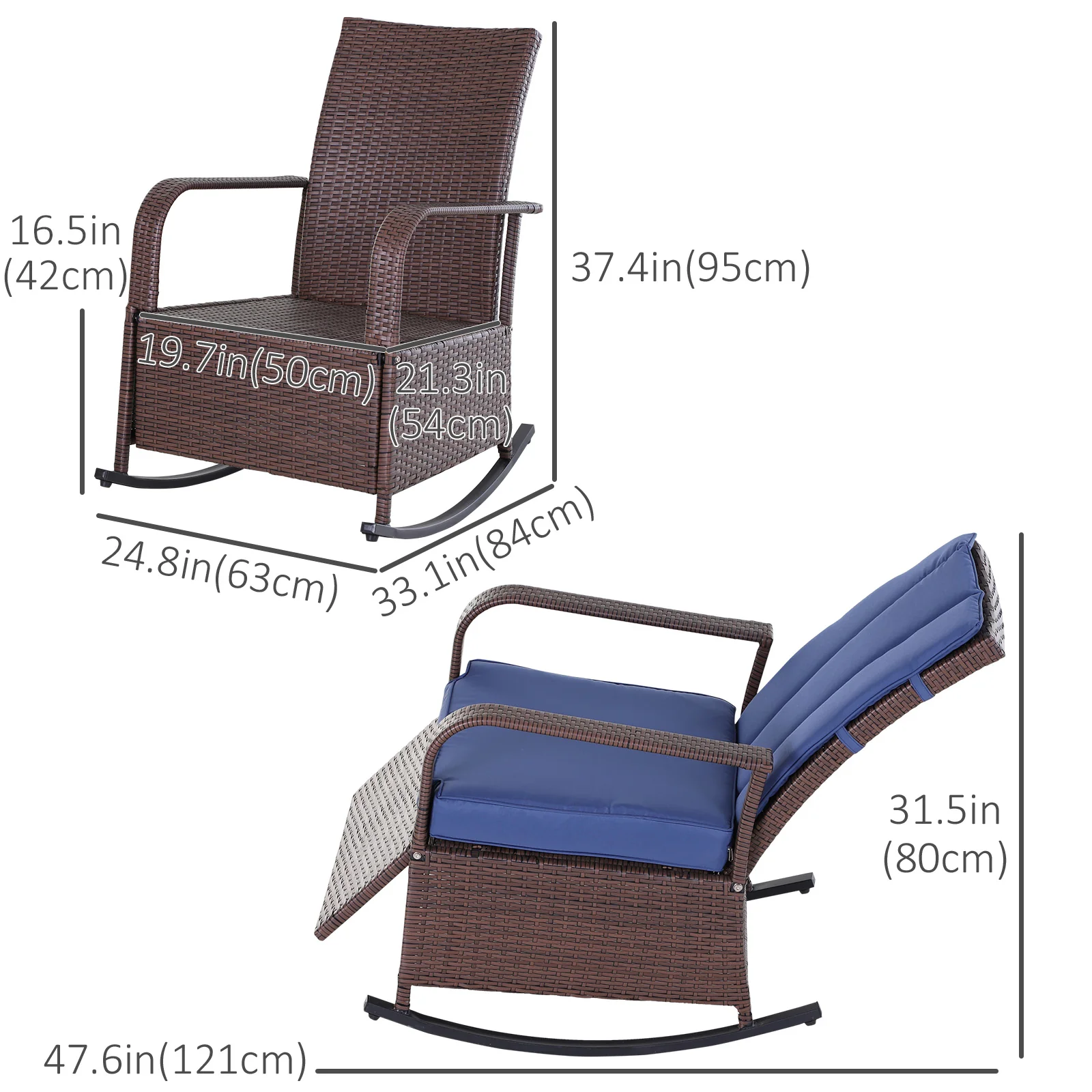 Outdoor Cushioned PE Rattan Recliner Chair with Adjustable Footrest & Armrests, Dark Blue - Image 5