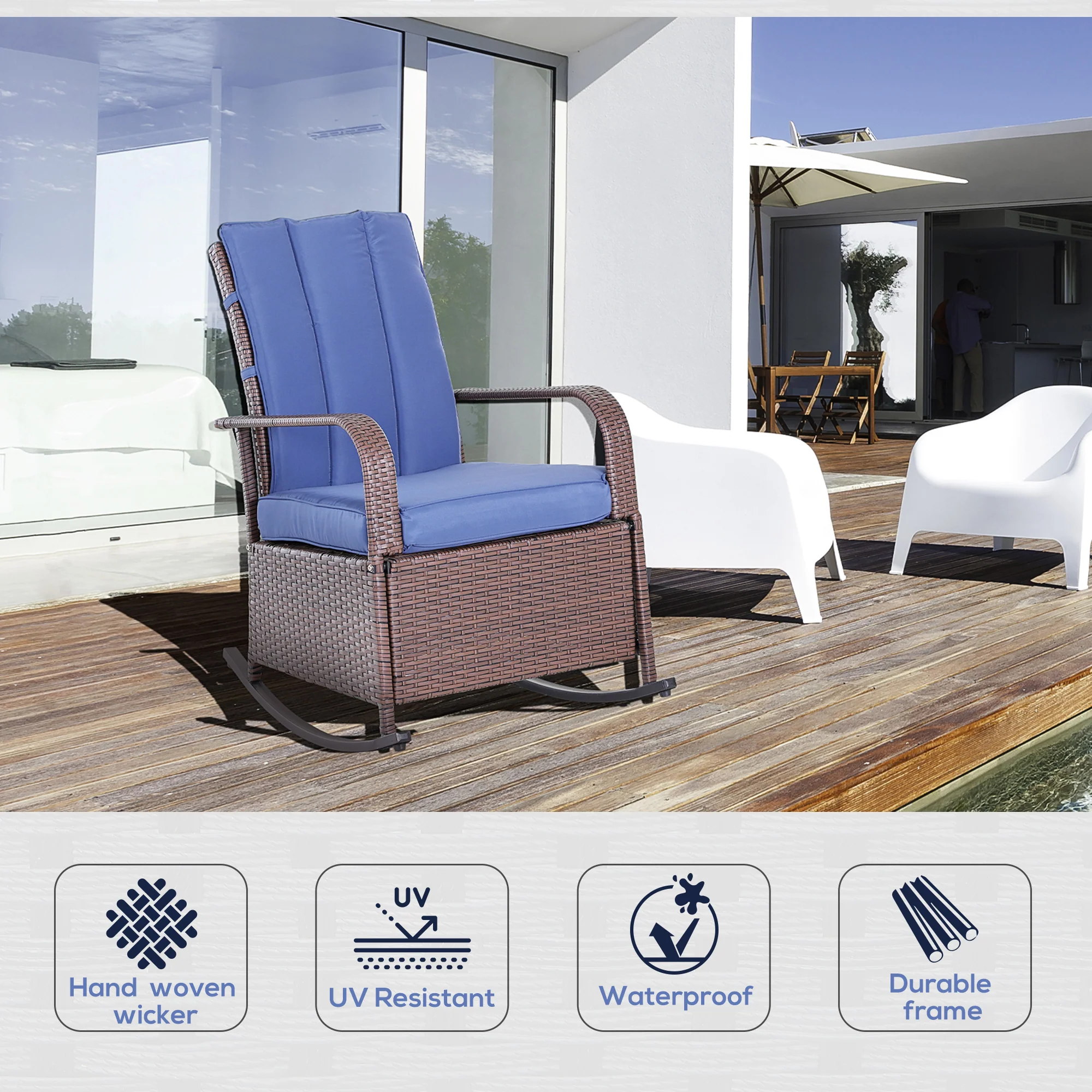 Outdoor Cushioned PE Rattan Recliner Chair with Adjustable Footrest & Armrests, Dark Blue - Image 6