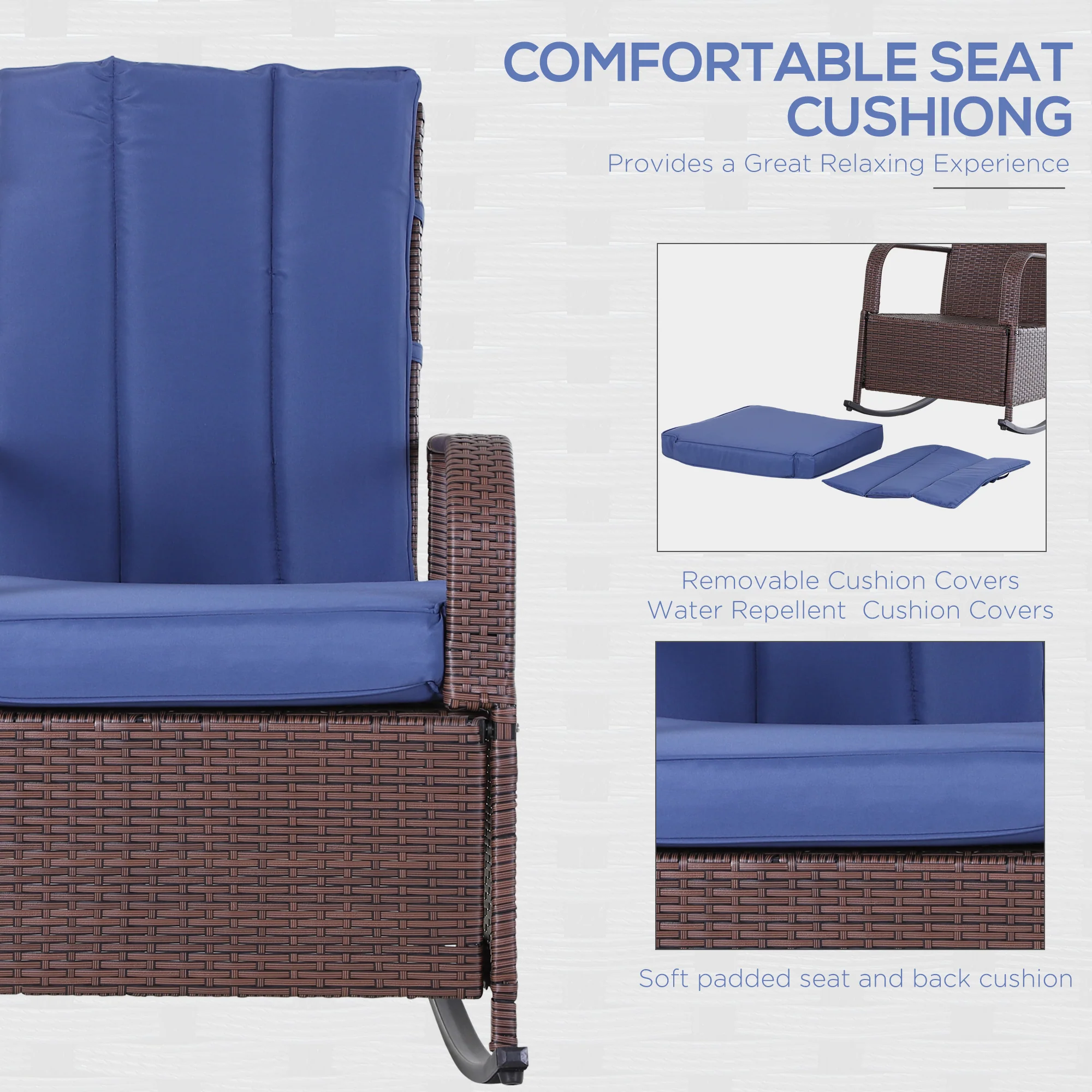 Outdoor Cushioned PE Rattan Recliner Chair with Adjustable Footrest & Armrests, Dark Blue - Image 8