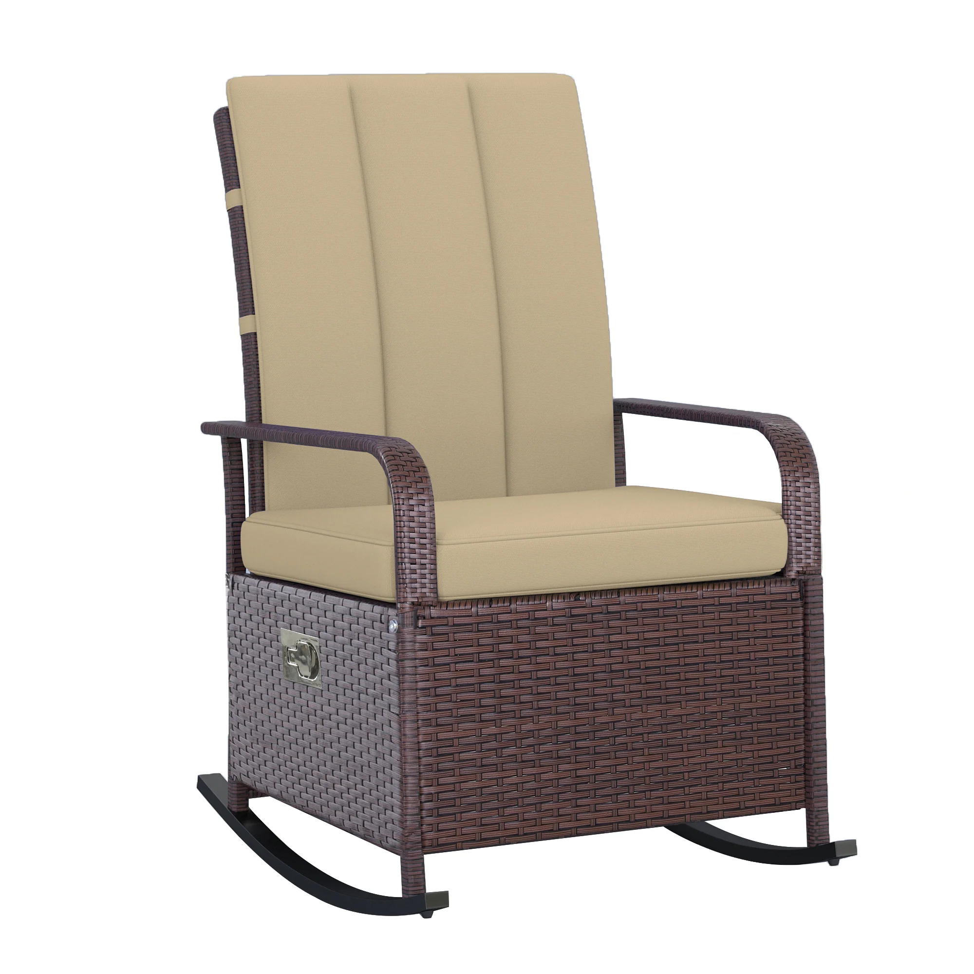 Outdoor Cushioned PE Rattan Recliner Chair with Adjustable Footrest & Armrests, Khaki - Image 12