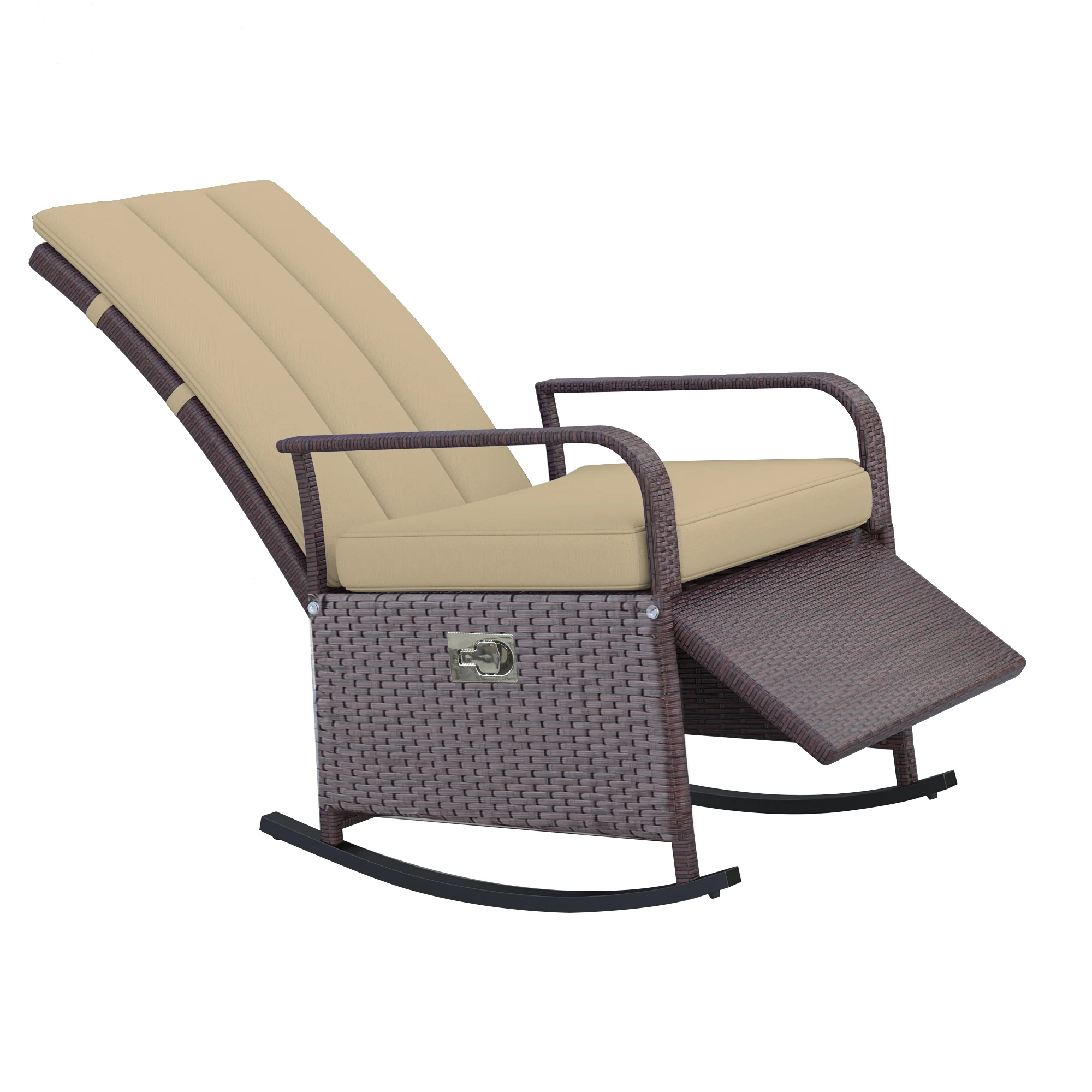 Outdoor Cushioned PE Rattan Recliner Chair with Adjustable Footrest & Armrests, Khaki - Image 2