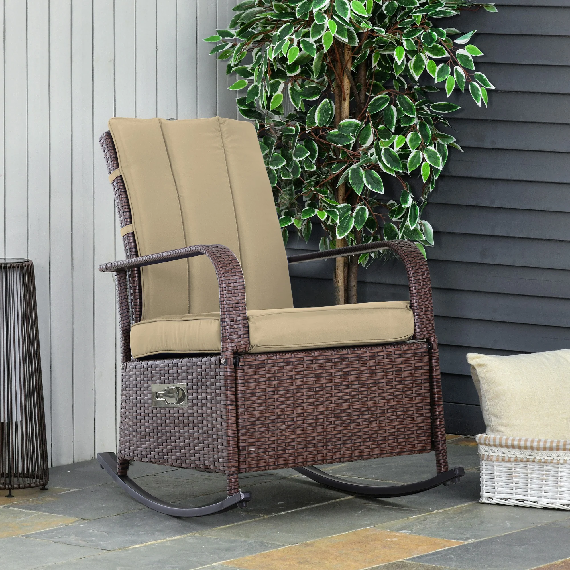 Outdoor Cushioned PE Rattan Recliner Chair with Adjustable Footrest & Armrests, Khaki - Image 3