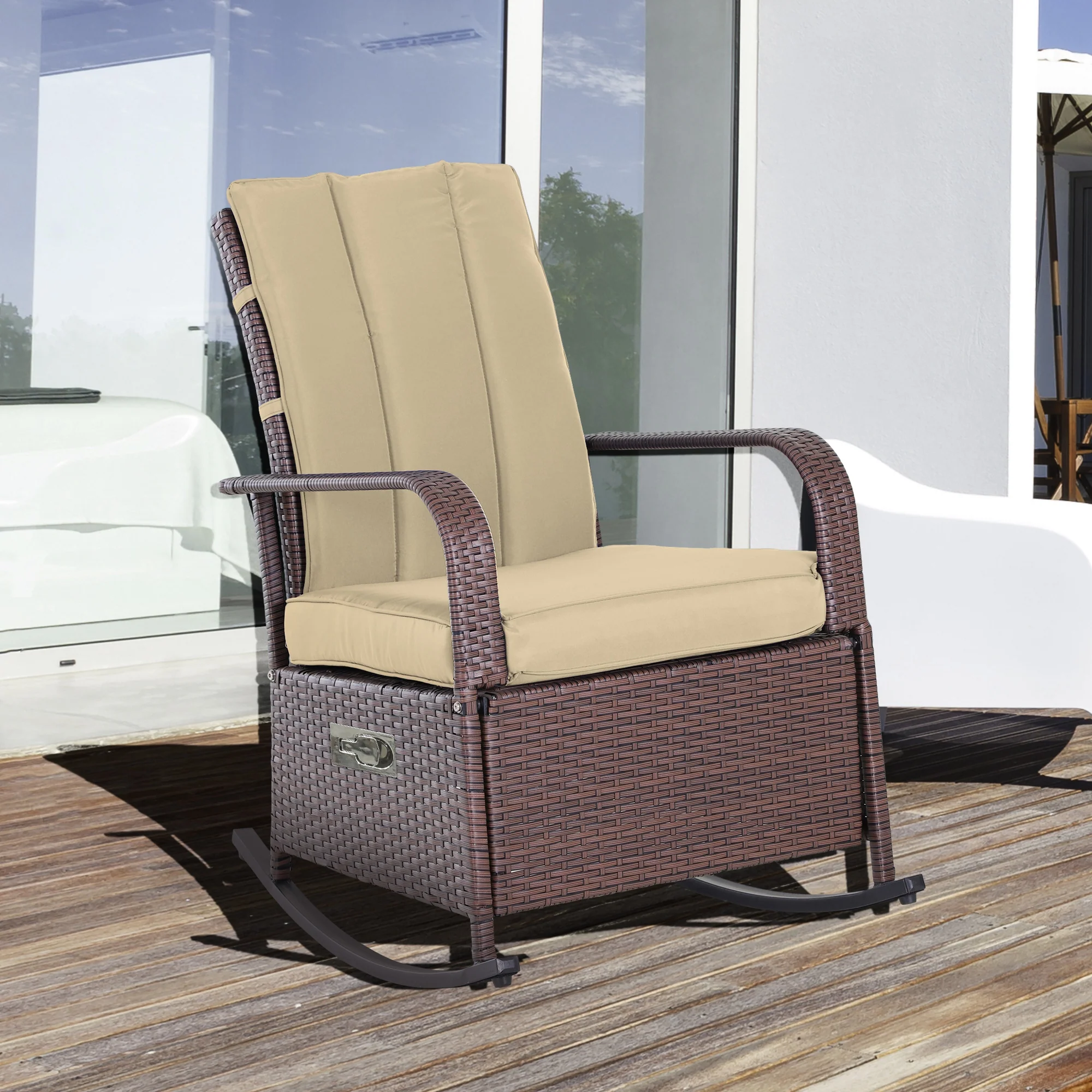 Outdoor Cushioned PE Rattan Recliner Chair with Adjustable Footrest & Armrests, Khaki - Image 4