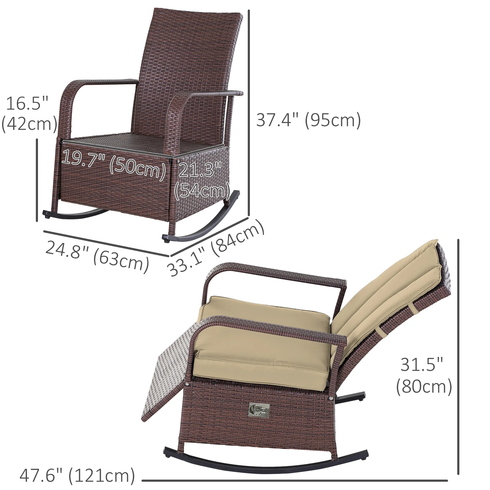 Outdoor Cushioned PE Rattan Recliner Chair with Adjustable Footrest & Armrests, Khaki - Image 5
