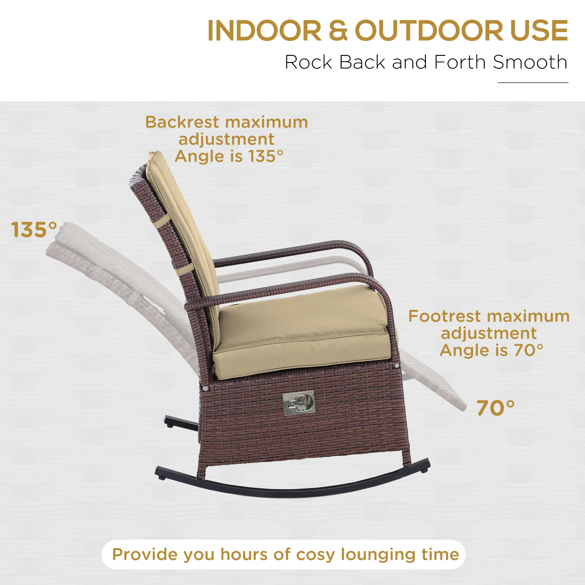 Outdoor Cushioned PE Rattan Recliner Chair with Adjustable Footrest & Armrests, Khaki - Image 7