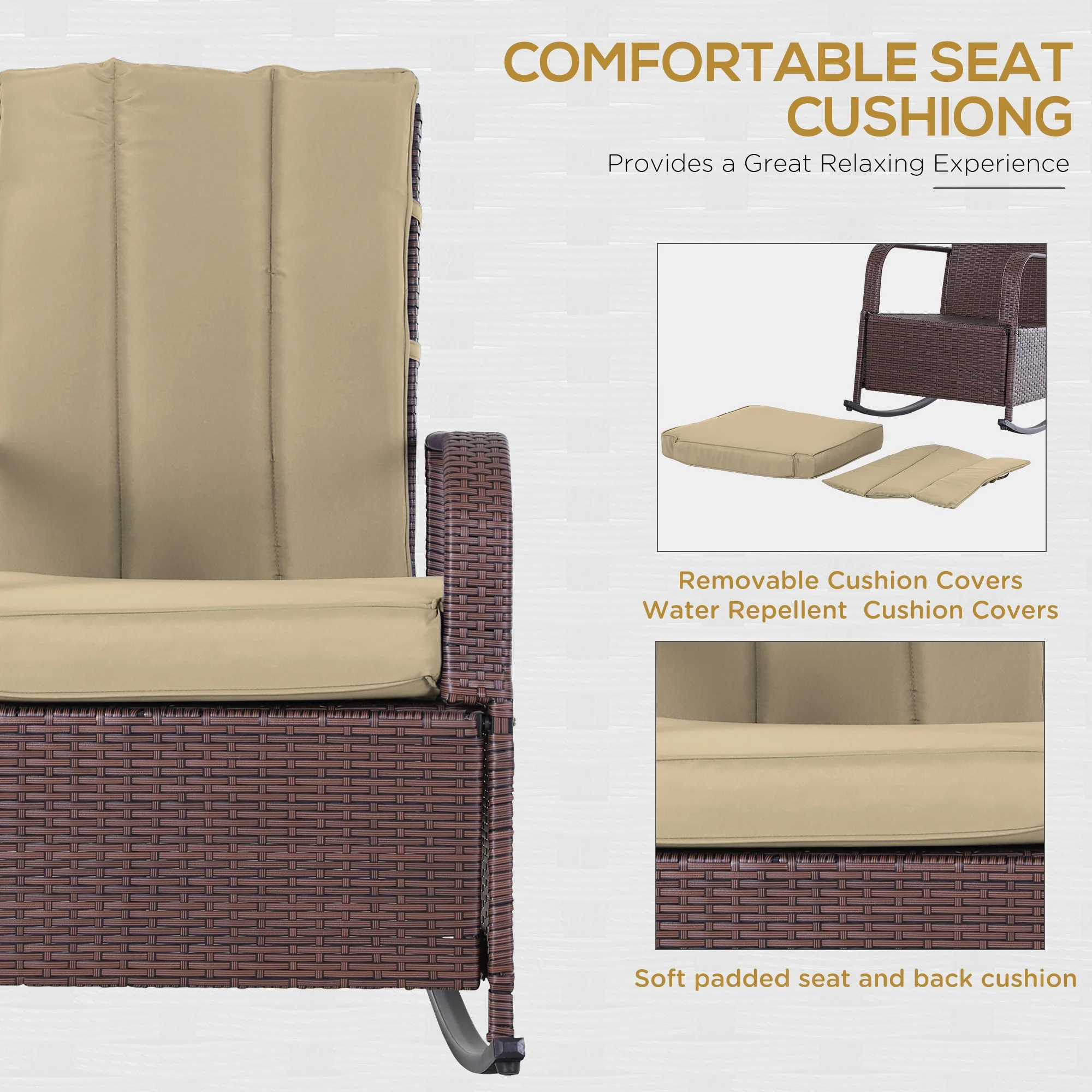 Outdoor Cushioned PE Rattan Recliner Chair with Adjustable Footrest & Armrests, Khaki - Image 8