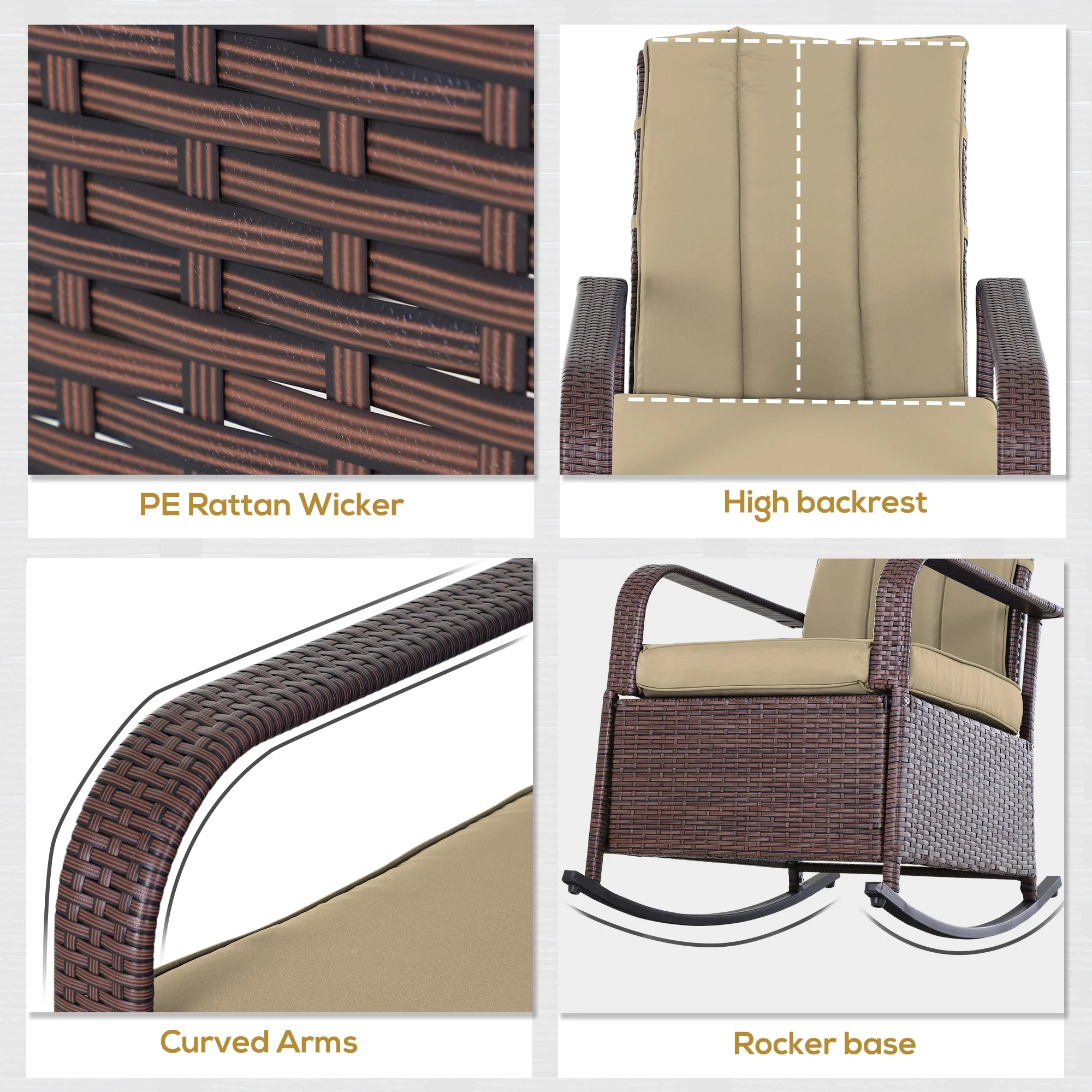 Outdoor Cushioned PE Rattan Recliner Chair with Adjustable Footrest & Armrests, Khaki - Image 9